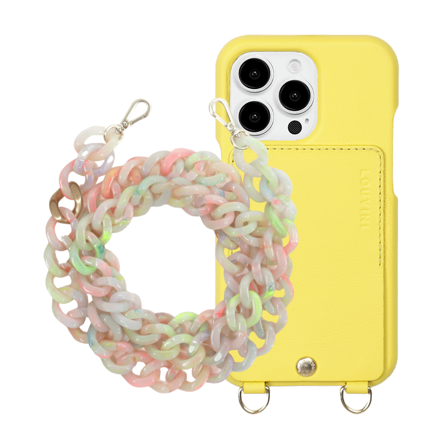 ensemble coque de téléphone avec étui en cuir jaune fluo et chaîne fluo
