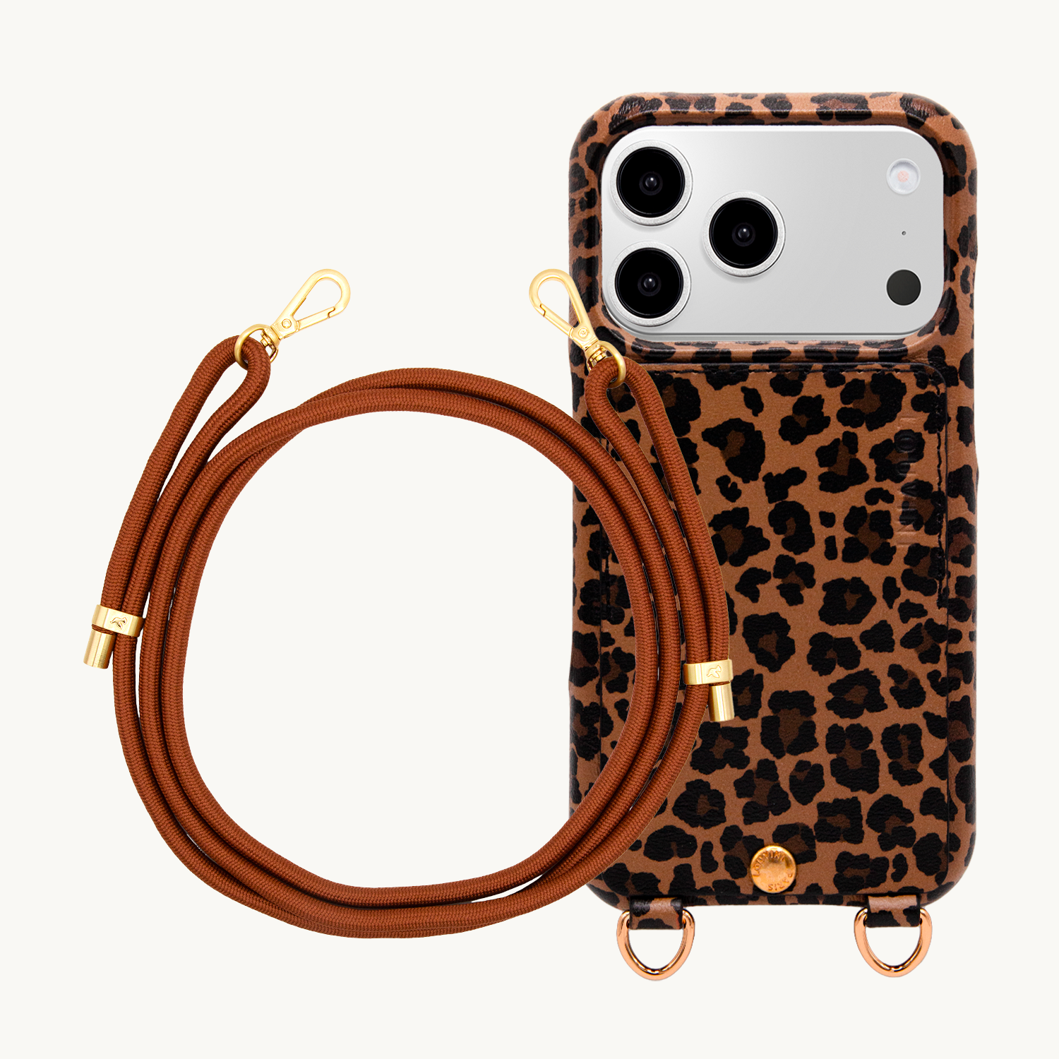Coque iPhone LOU Léopard & cordon TESSA Marron