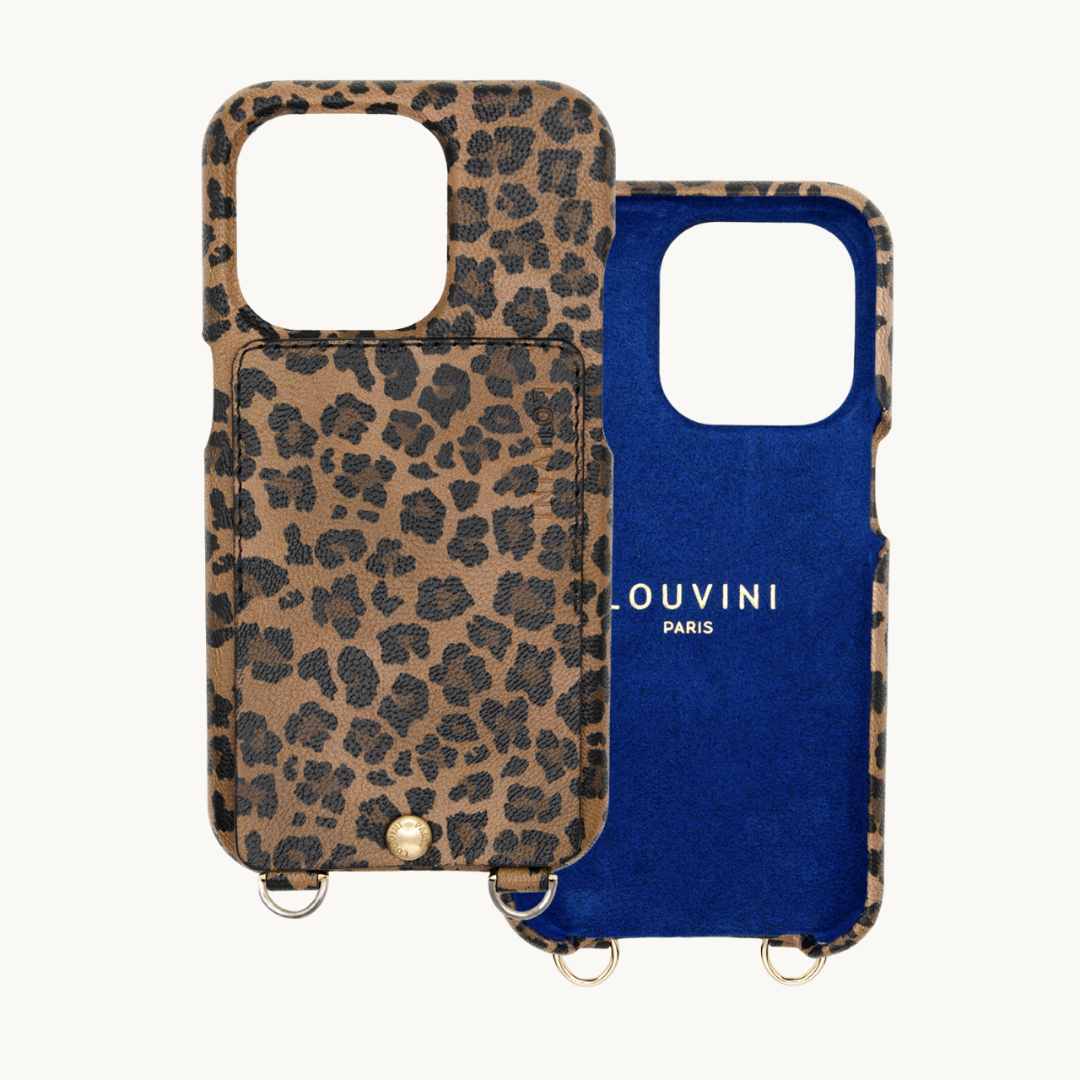 COQUE IPHONE CUIR PORTE CARTE AVEC ANNEAUX LOU - LÉOPARD double