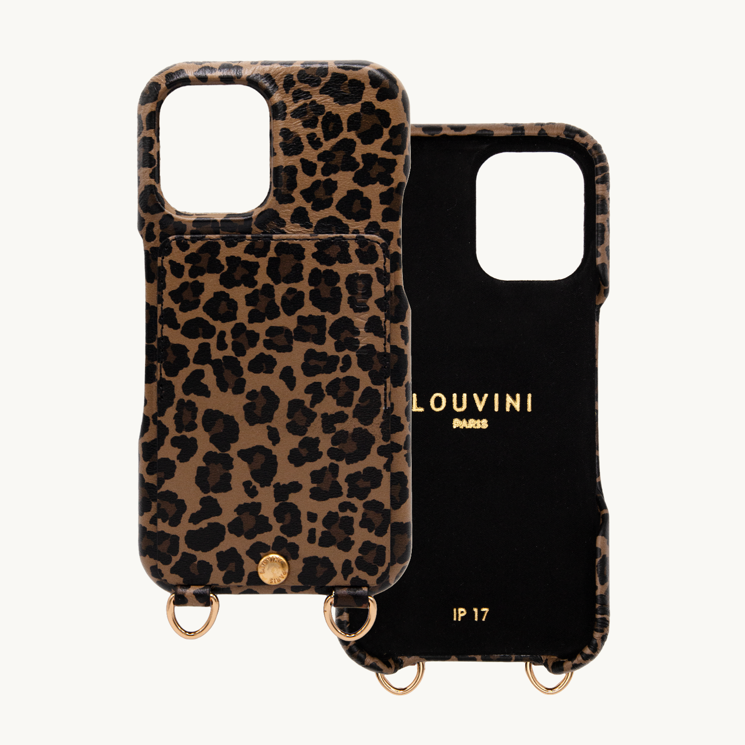 Coque iPhone cuir porte carte avec anneaux LOU - Léopard
