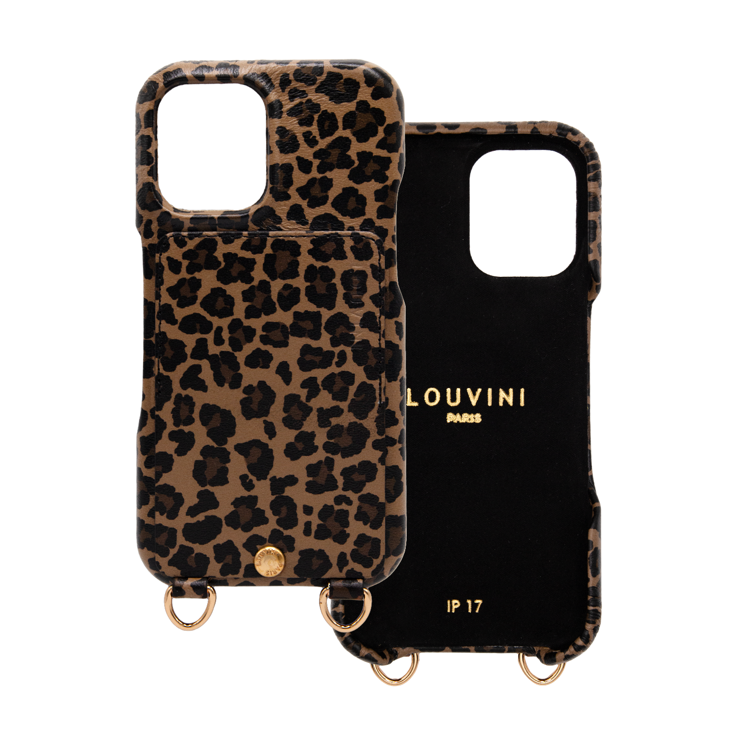 Coque iPhone cuir porte carte avec anneaux LOU - Léopard