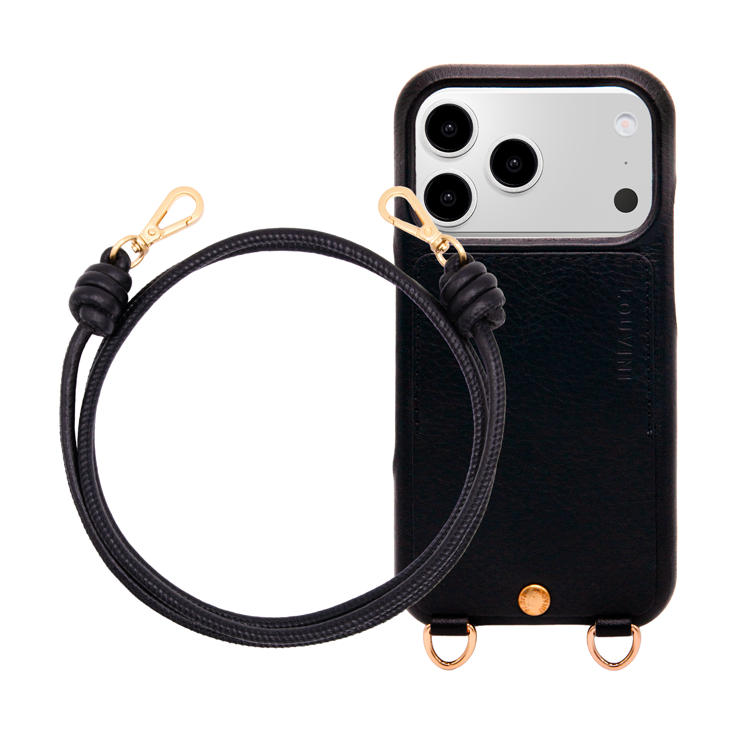 Coque iPhone LOU Noir & Cordon KATE Noir Métallisé
