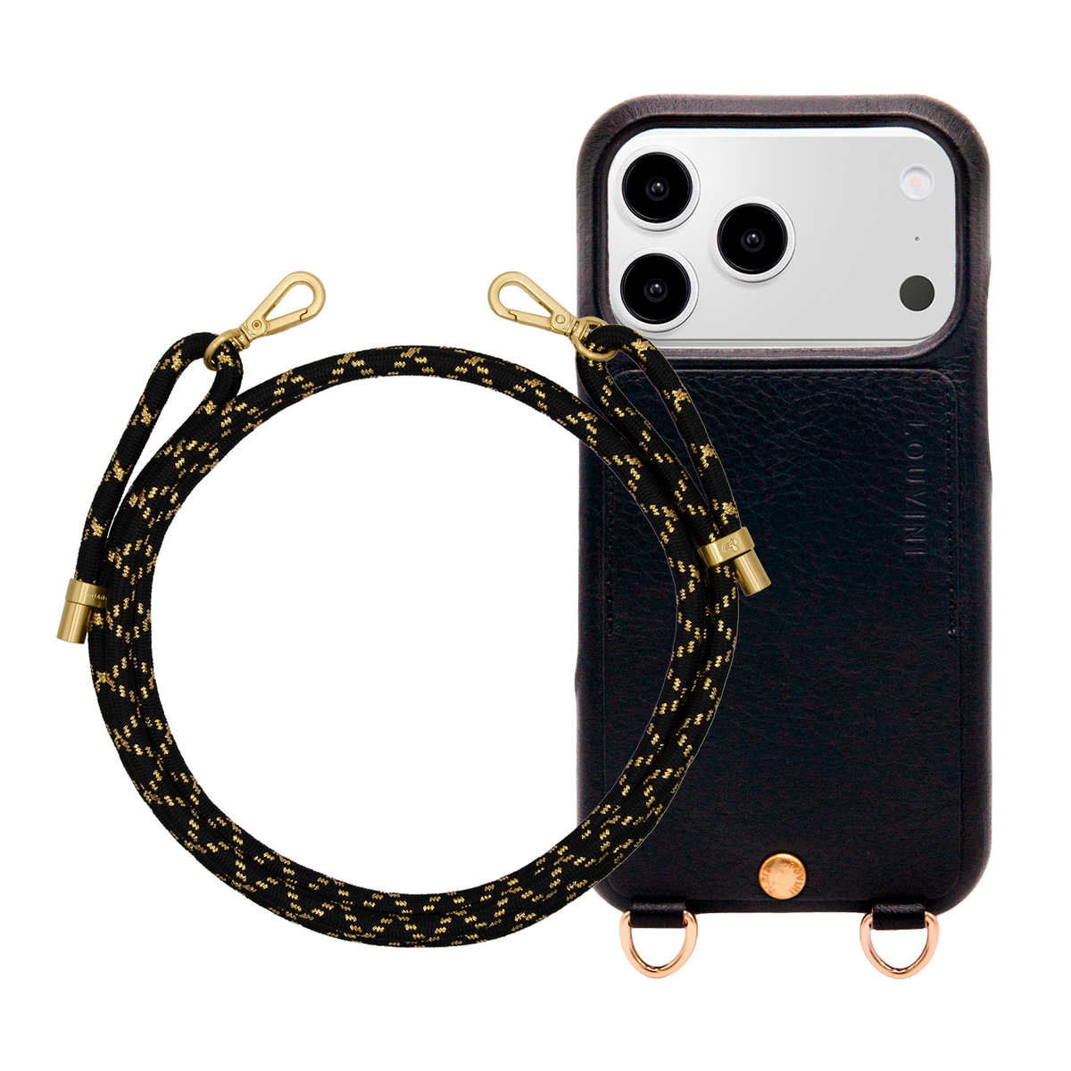 Coque iPhone LOU Noir & Cordon TESSA Noir-Doré
