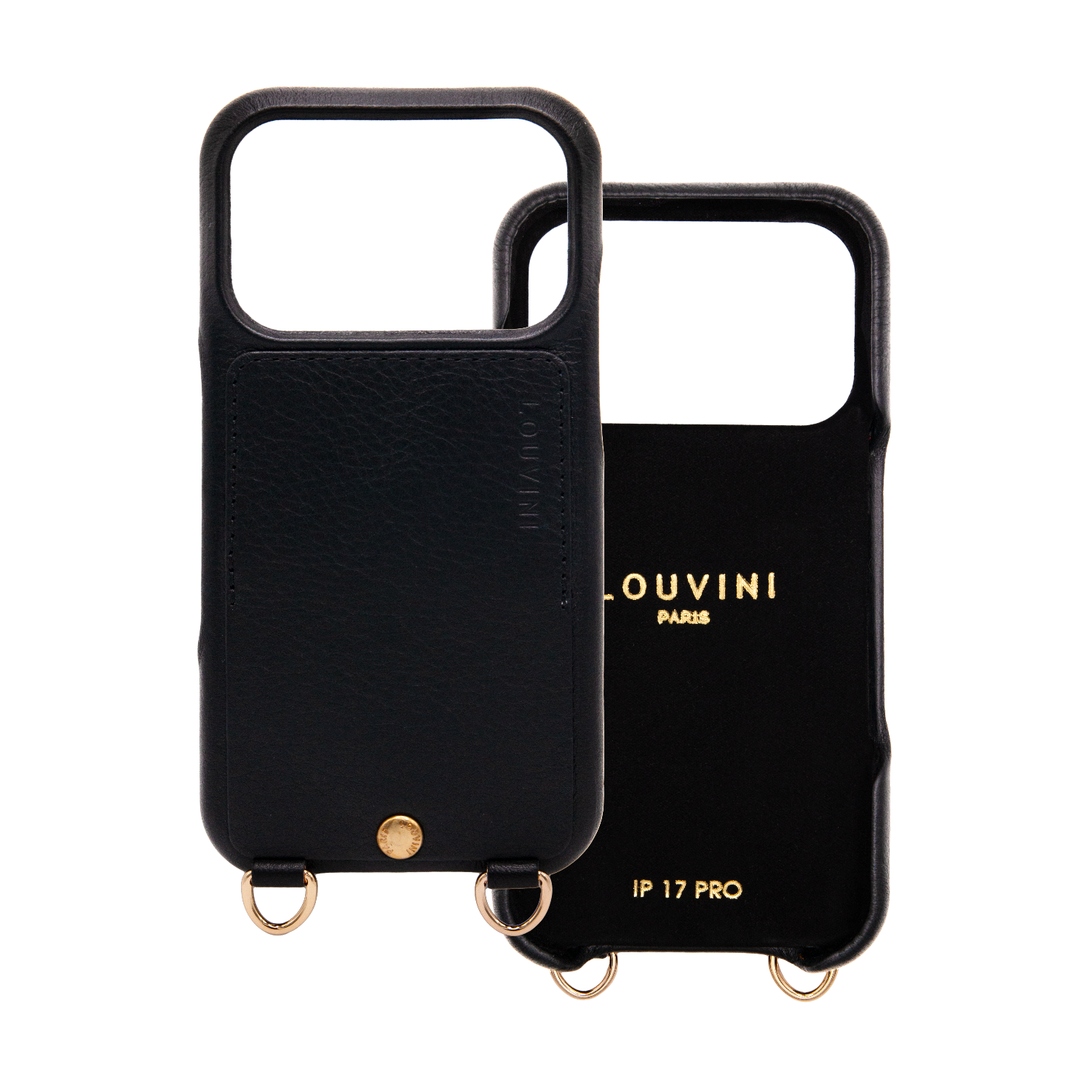 Coque de téléphone en cuir noir avec porte carte et anneaux iphone 17 pro