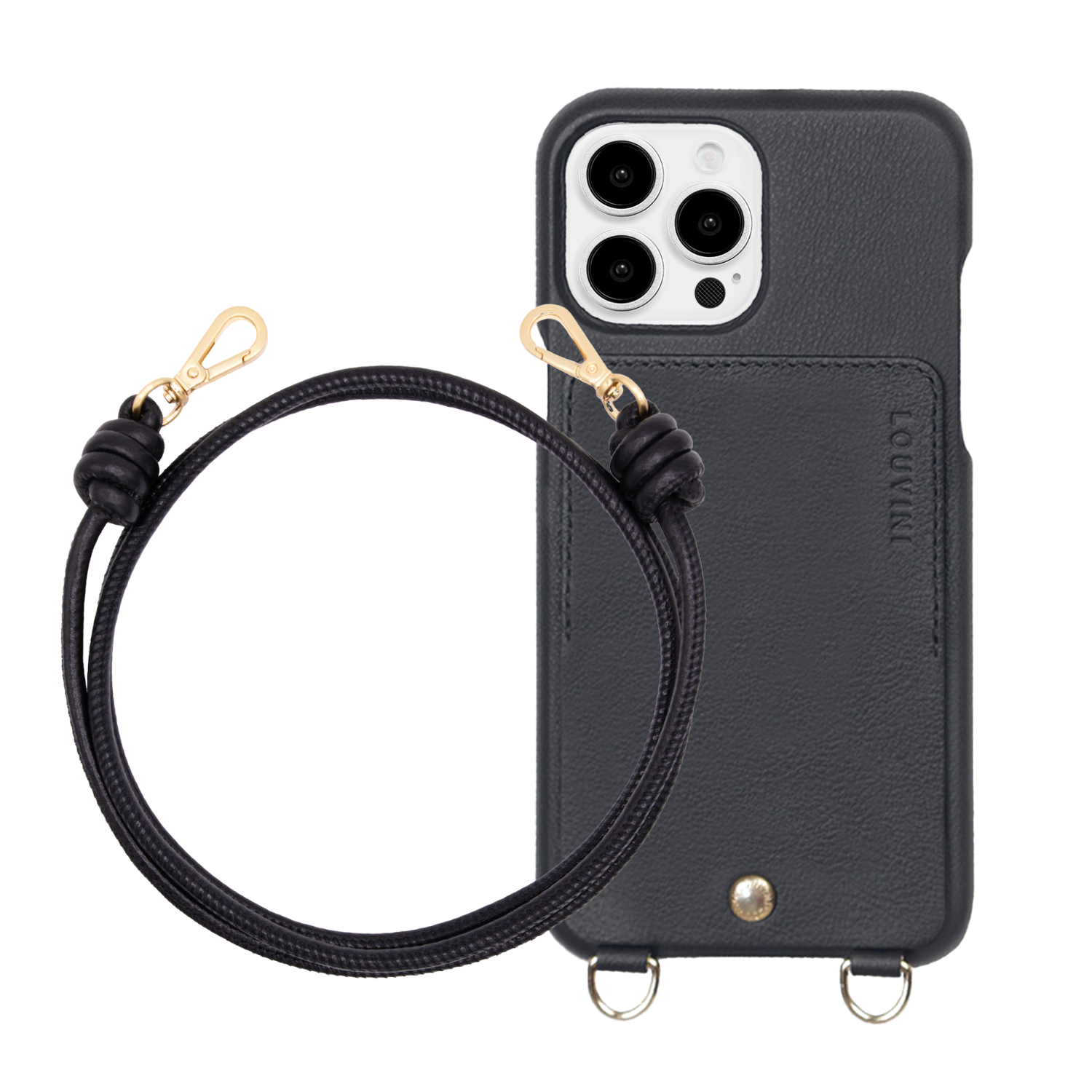 Coque iPhone LOU Noir & cordon KATE Noir Métallisé