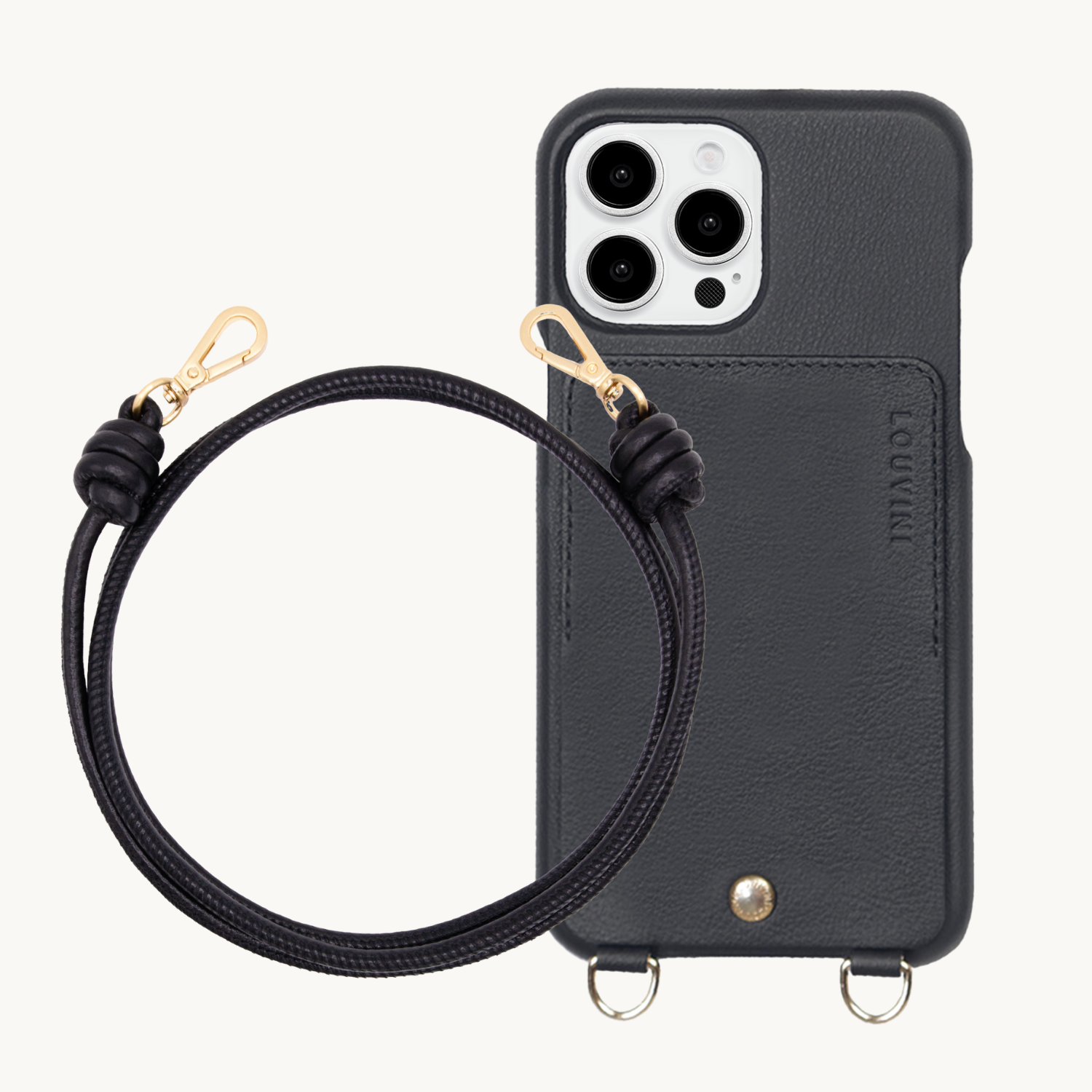 Coque iPhone LOU Noir & cordon KATE Noir Métallisé