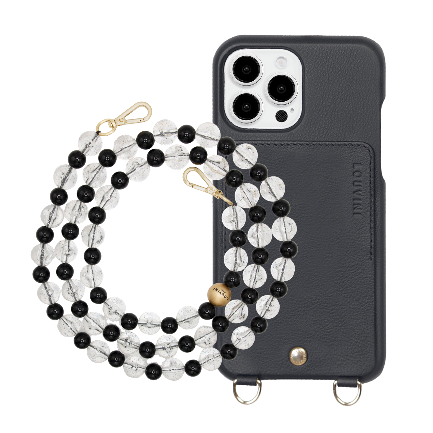 ensemble coque de téléphone avec étui en cuir noir et chaîne perle
