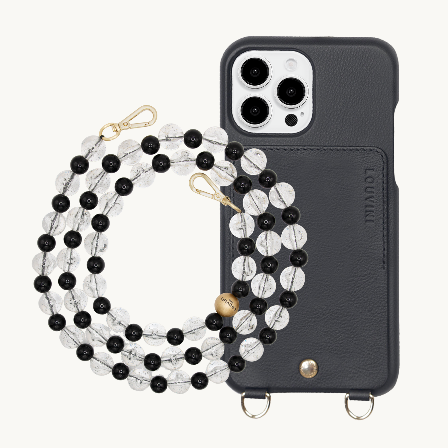 ensemble coque de téléphone avec étui en cuir noir et chaîne perle