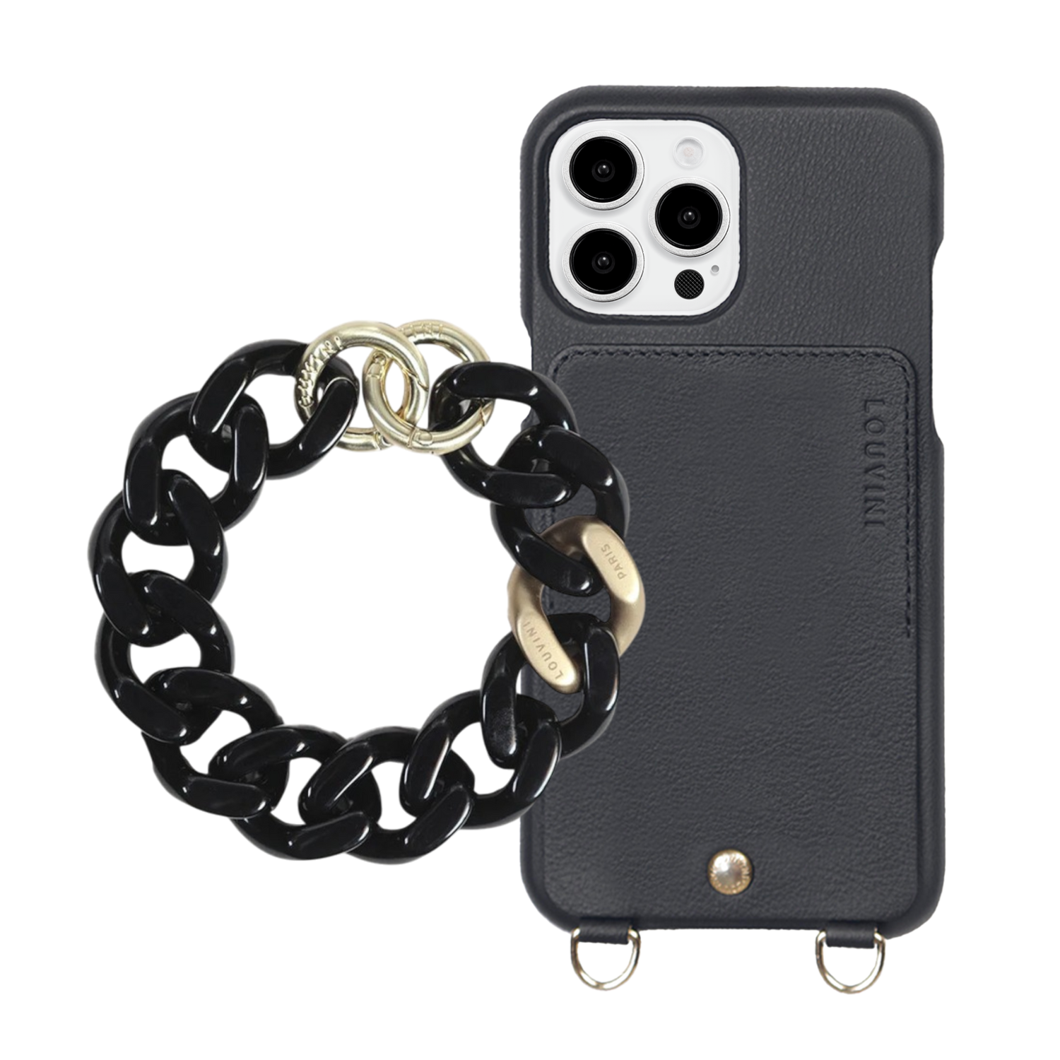 ensemble coque de téléphone avec étui en cuir noir et bracelet noir