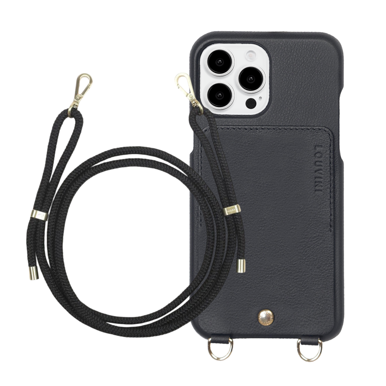 ensemble coque de téléphone avec étui en cuir noir et cordon noir
