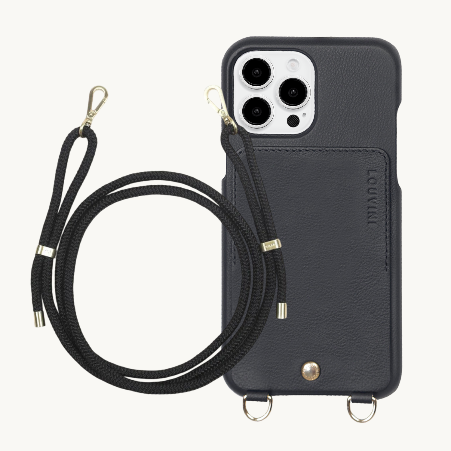 ensemble coque de téléphone avec étui en cuir noir et cordon noir