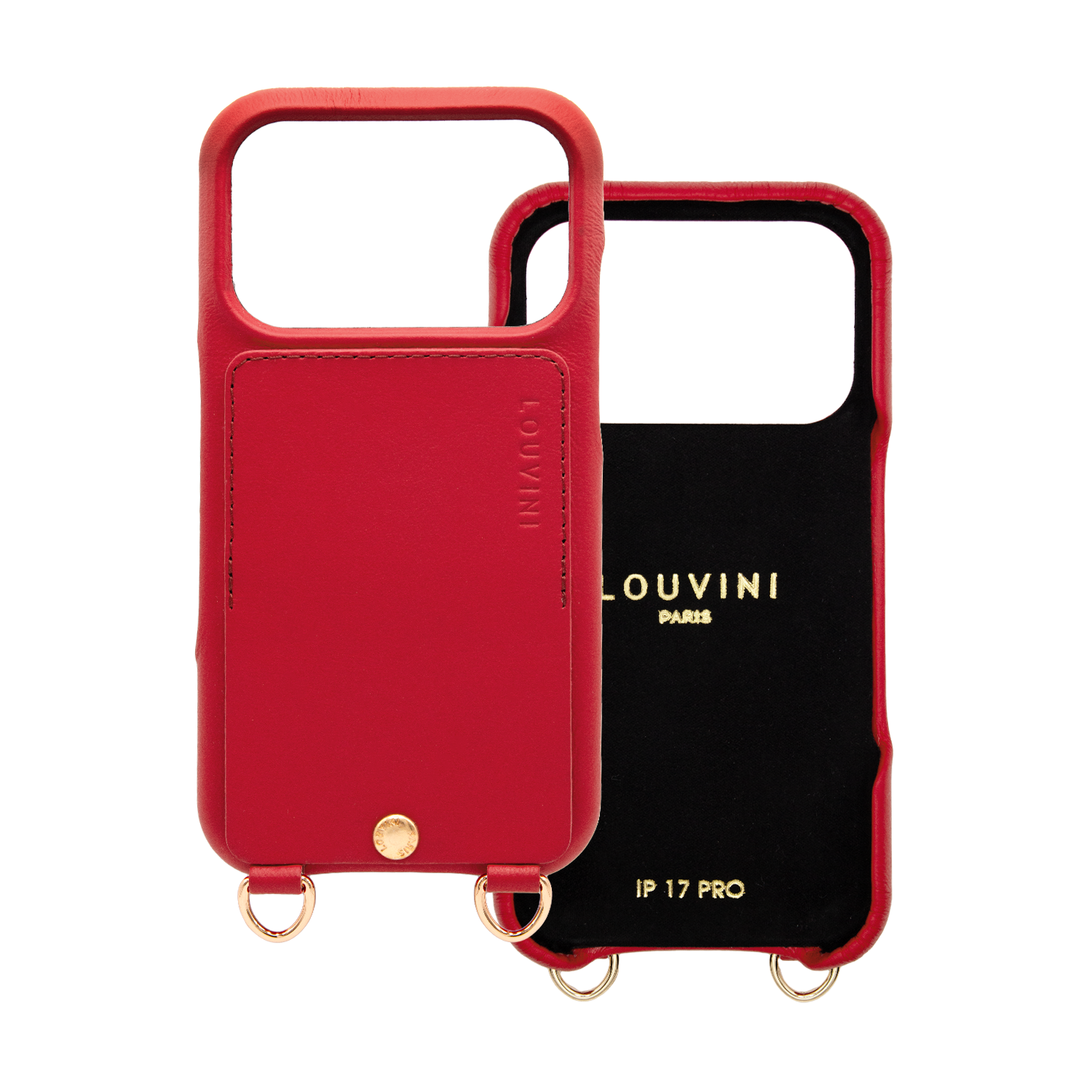Coque de téléphone en cuir rouge avec porte carte et anneaux iphone 17 pro