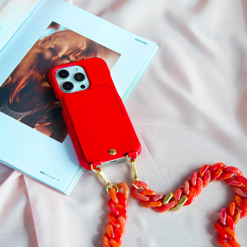Coque iPhone avec étui en cuir rouge avec chaîne rose rouge