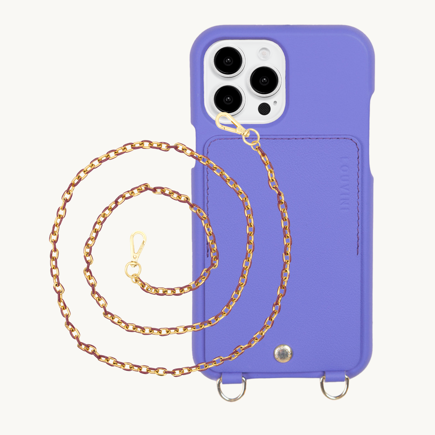 ensemble coque de téléphone avec étui en cuir violet et chaîne lilas