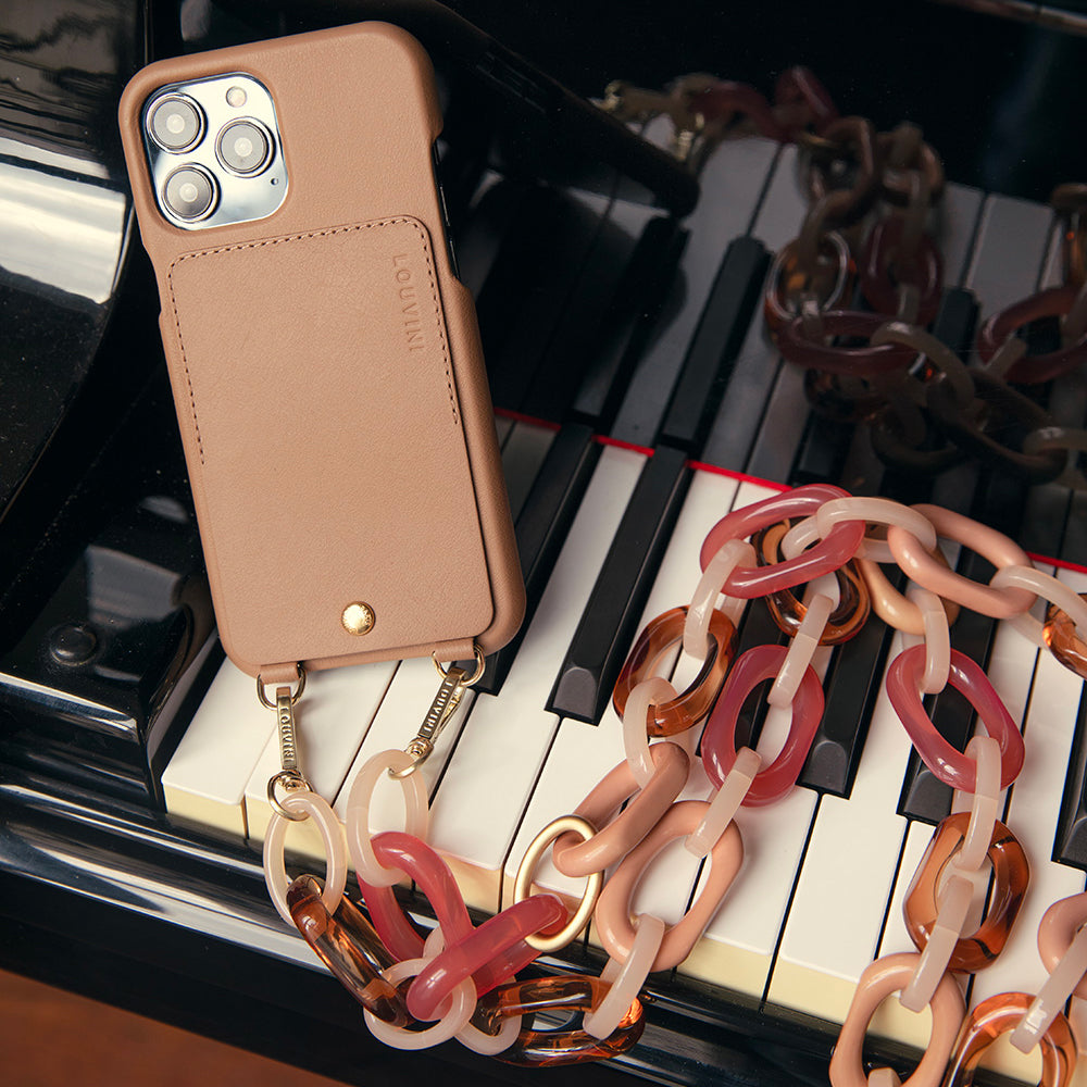 COQUE IPHONE CUIR PORTE CARTE AVEC ANNEAUX LOU - CAMEL AVEC BANDOULIERE CHIARA NUDE ROSE