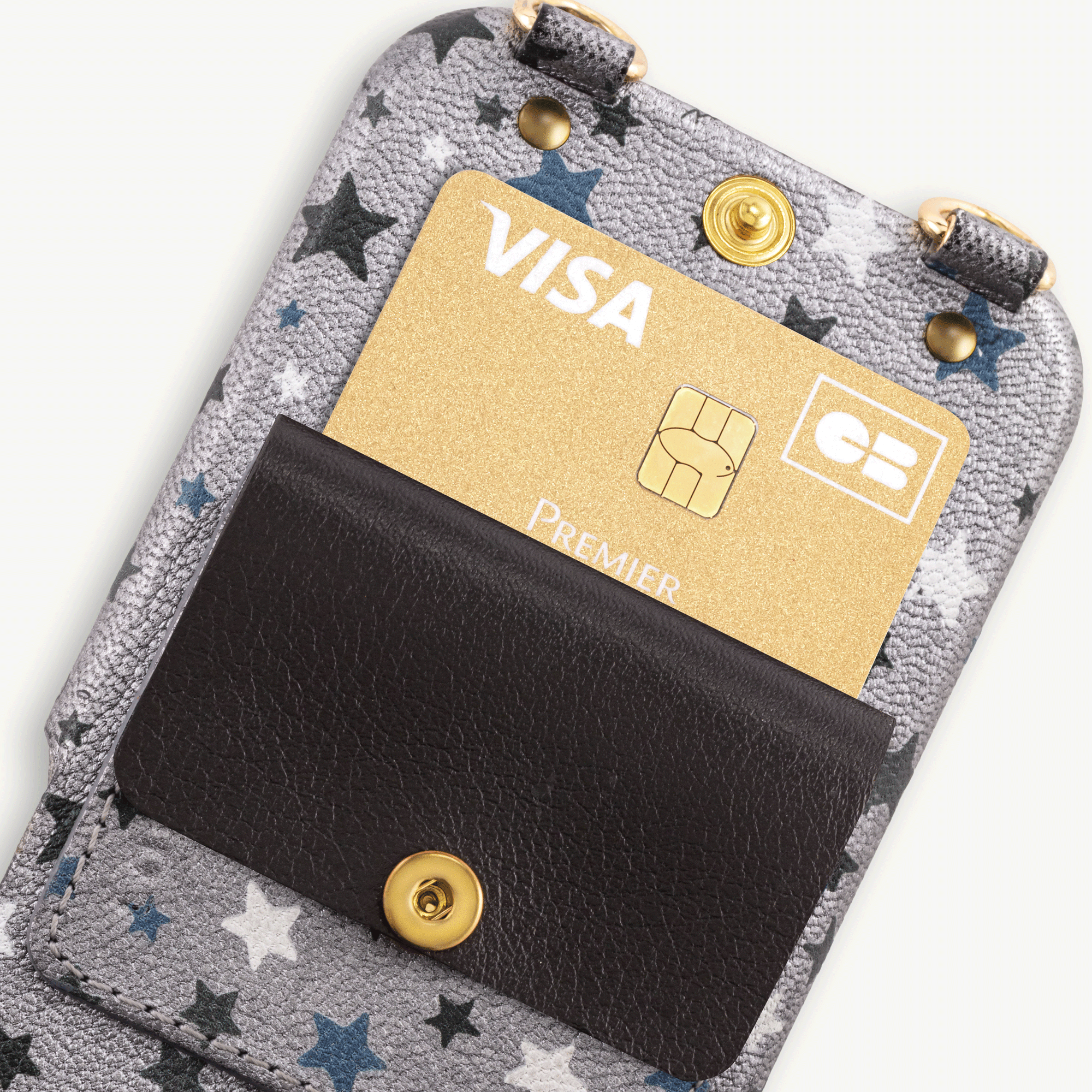 Coque iPhone cuir porte carte avec anneaux LOU - Étoiles Argenté