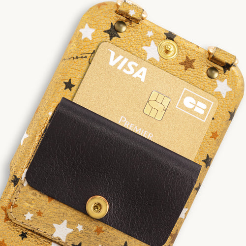 Coque iPhone cuir porte carte avec anneaux LOU - Étoiles Doré