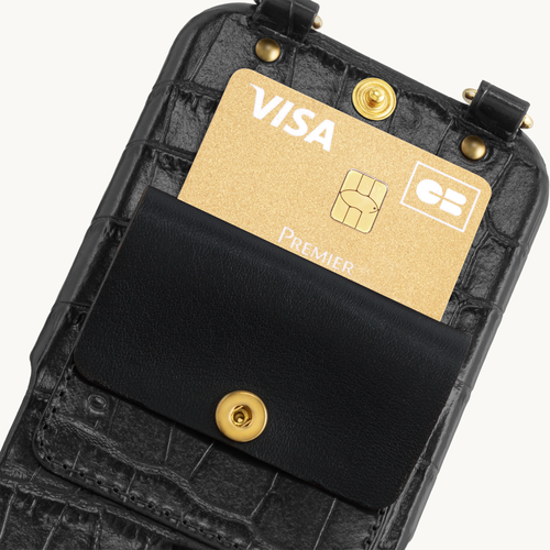 Coque iPhone cuir porte carte avec anneaux LOU - Crocodile Noir