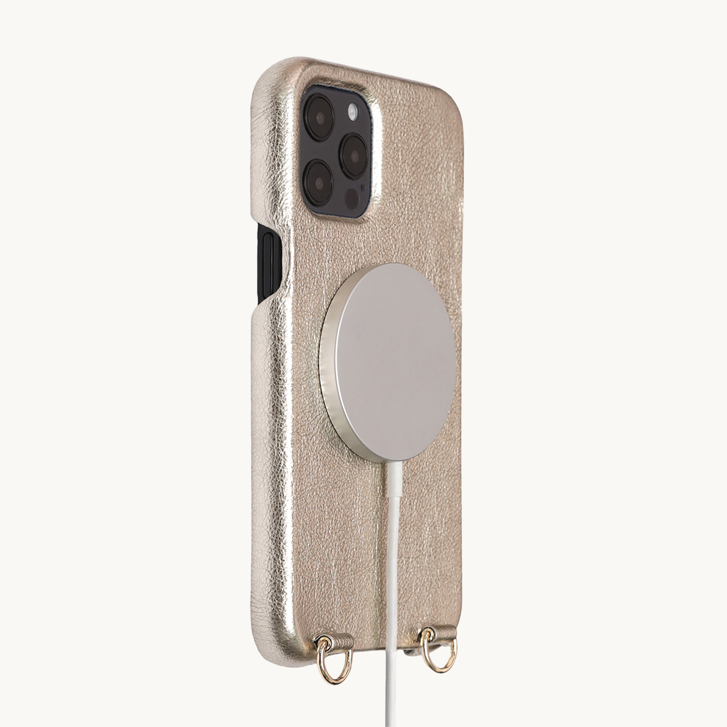 Coque iPhone MagSafe cuir avec anneaux MAX - Doré Métallisé