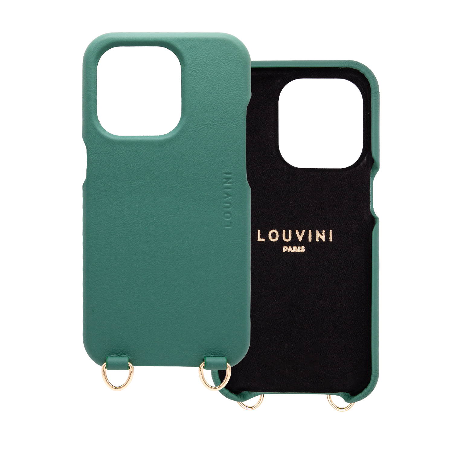 Coque iPhone en cuir émeraude anneaux dorés