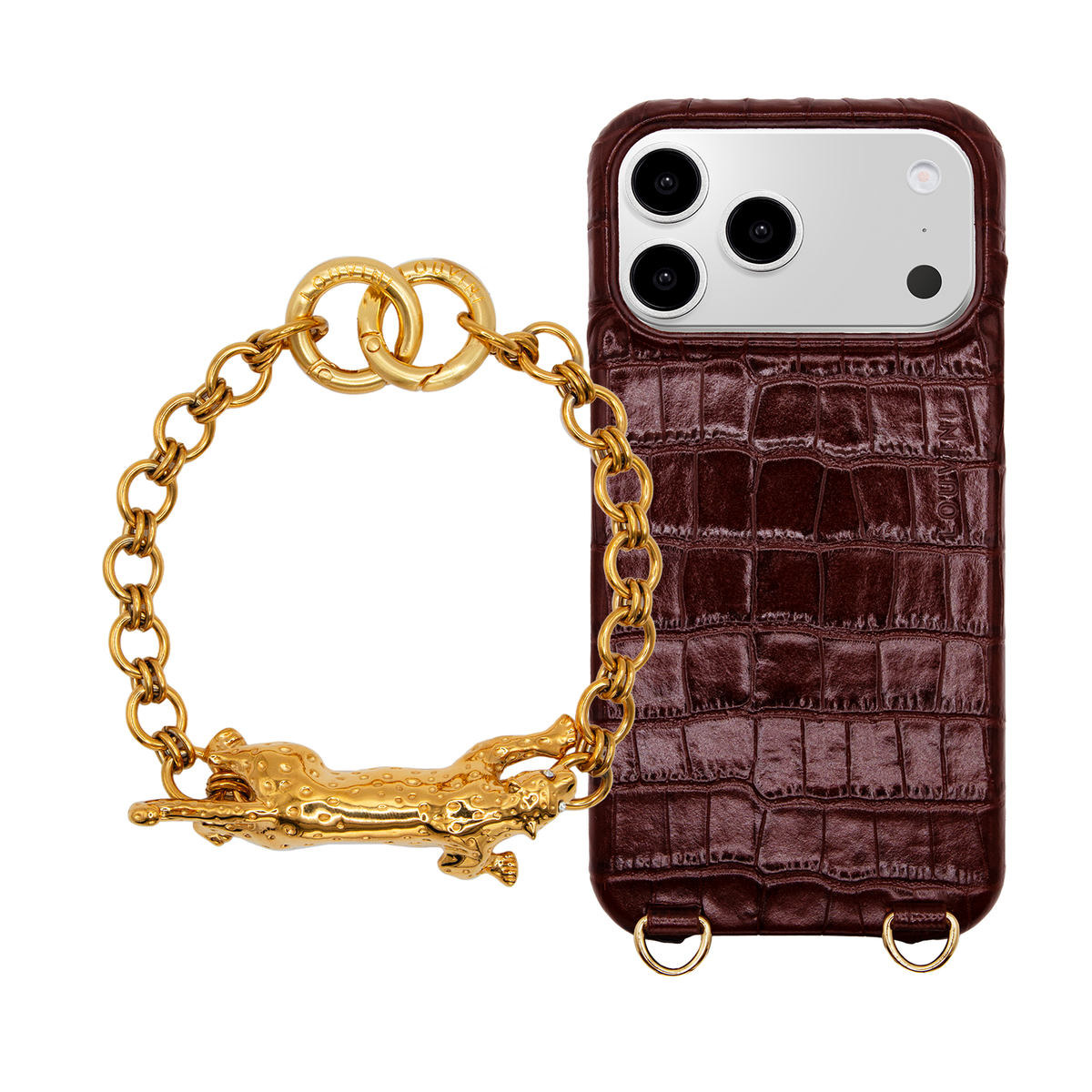 Coque iPhone MagSafe MAX Crocodile Marron & Bracelet PETIT DALIA Léopard Doré