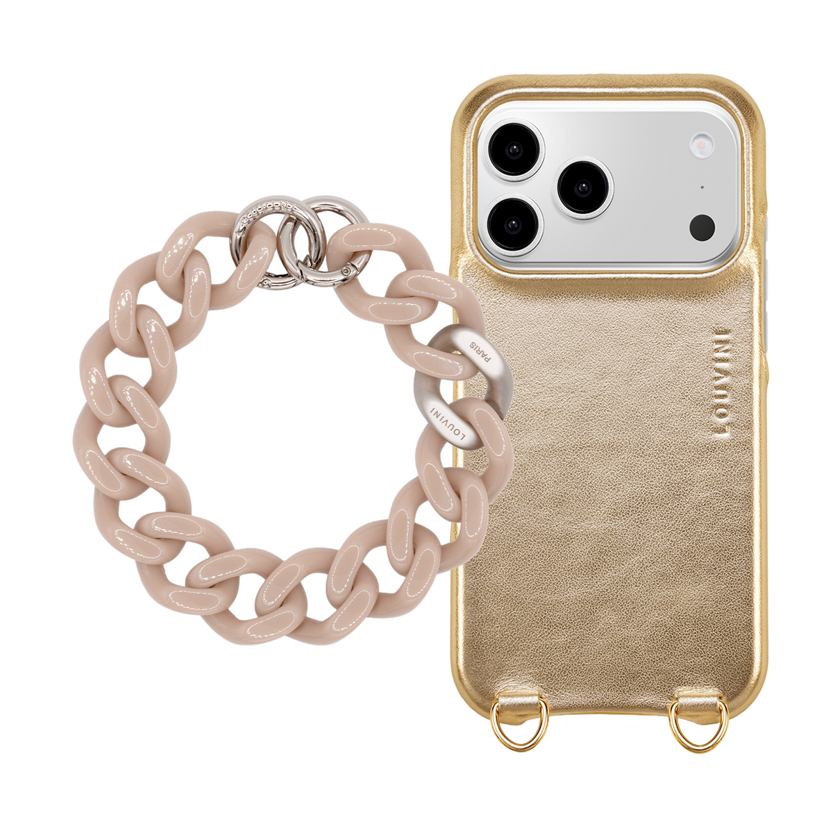 Coque iPhone MagSafe MAX Doré Métallisé & Bracelet PETIT ZOE Argenté Taupe