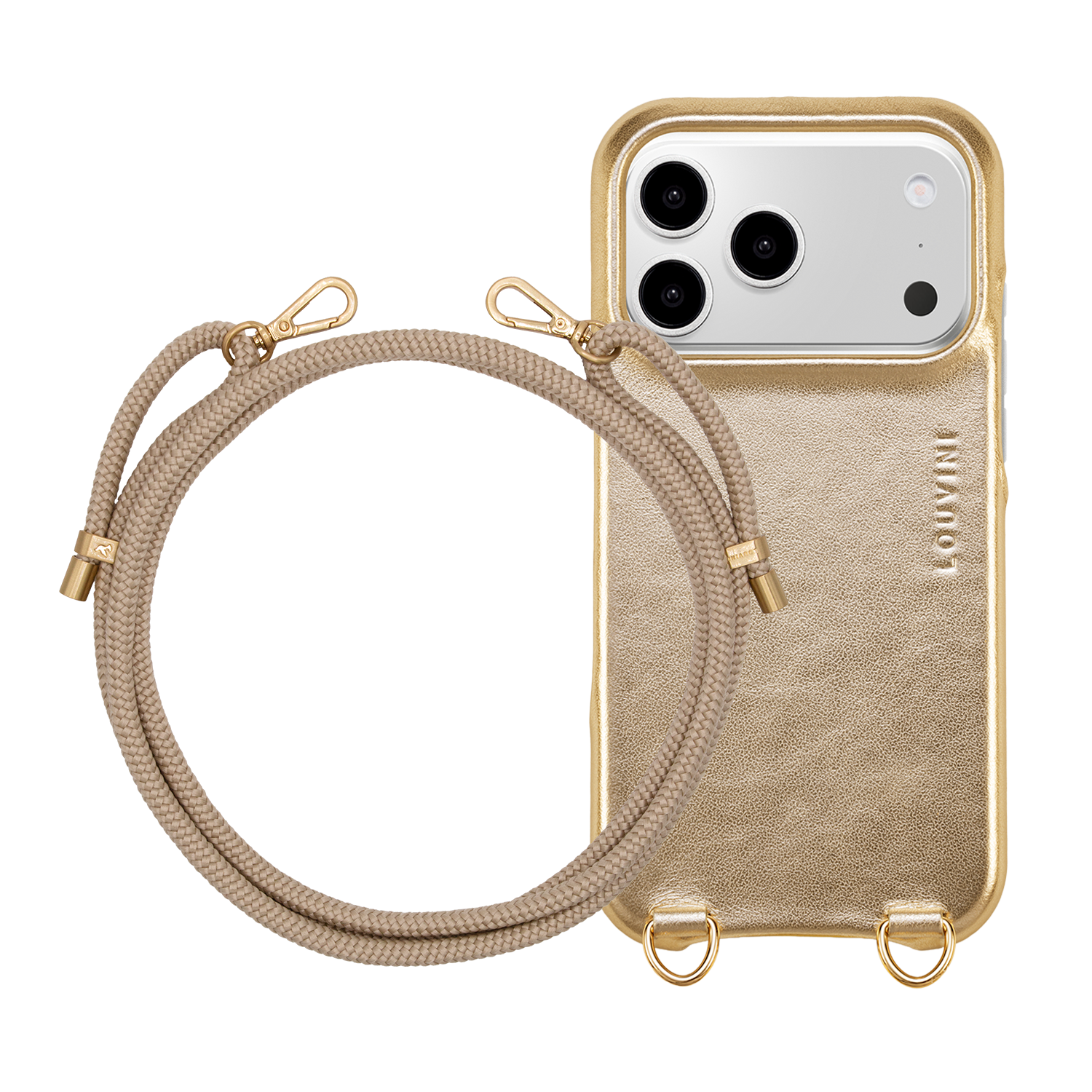 Coque iPhone MAX MagSafe Doré Métallisé & Cordon TESSA Sable