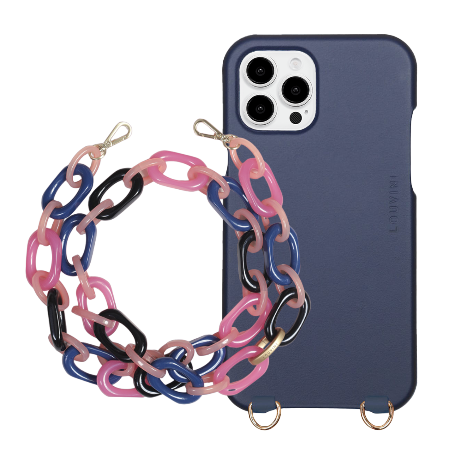 ensemble coque de téléphone en cuir marine et chaîne marine rose