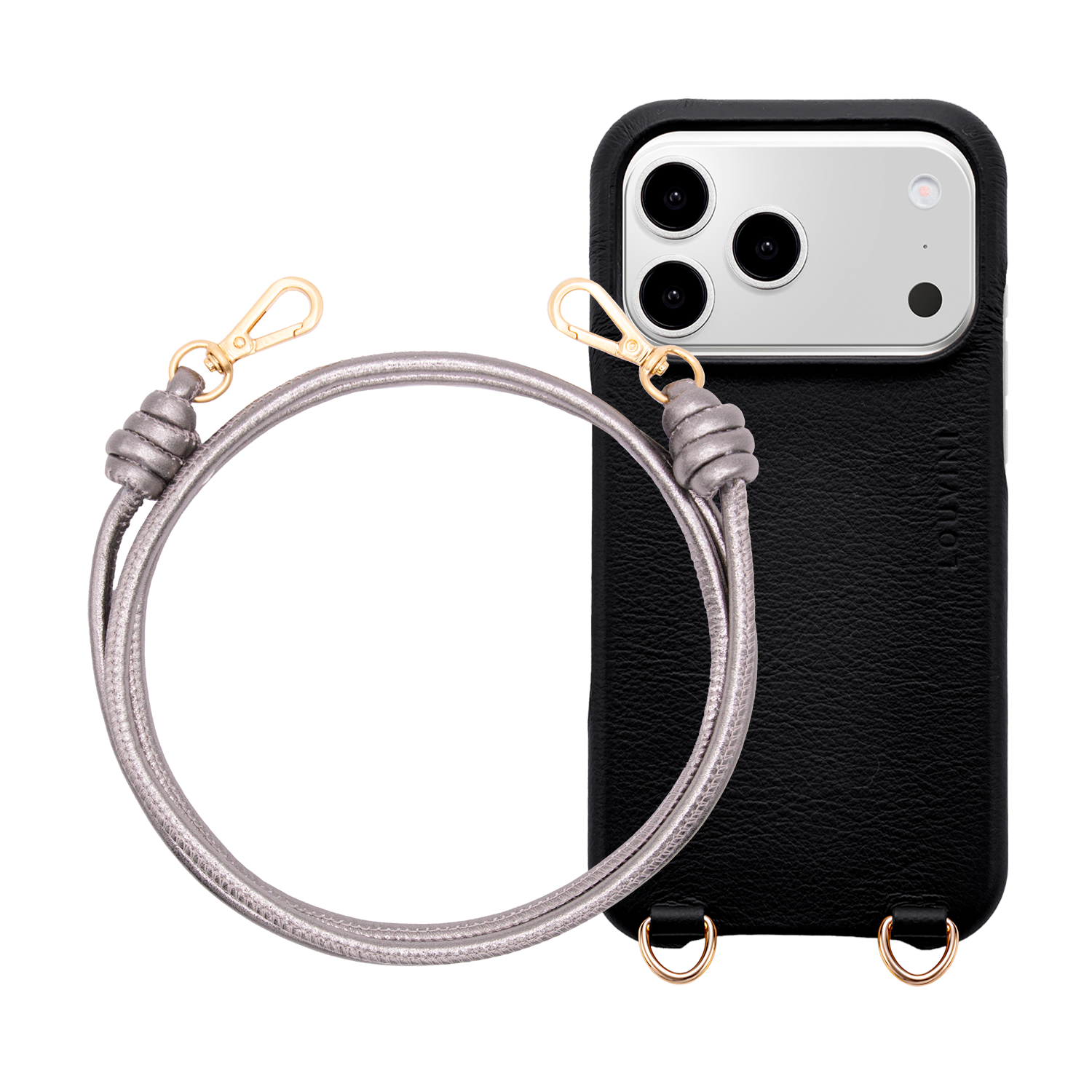 Coque iPhone MagSafe MAX Noir & Cordon KATE Anthracite Métallisé