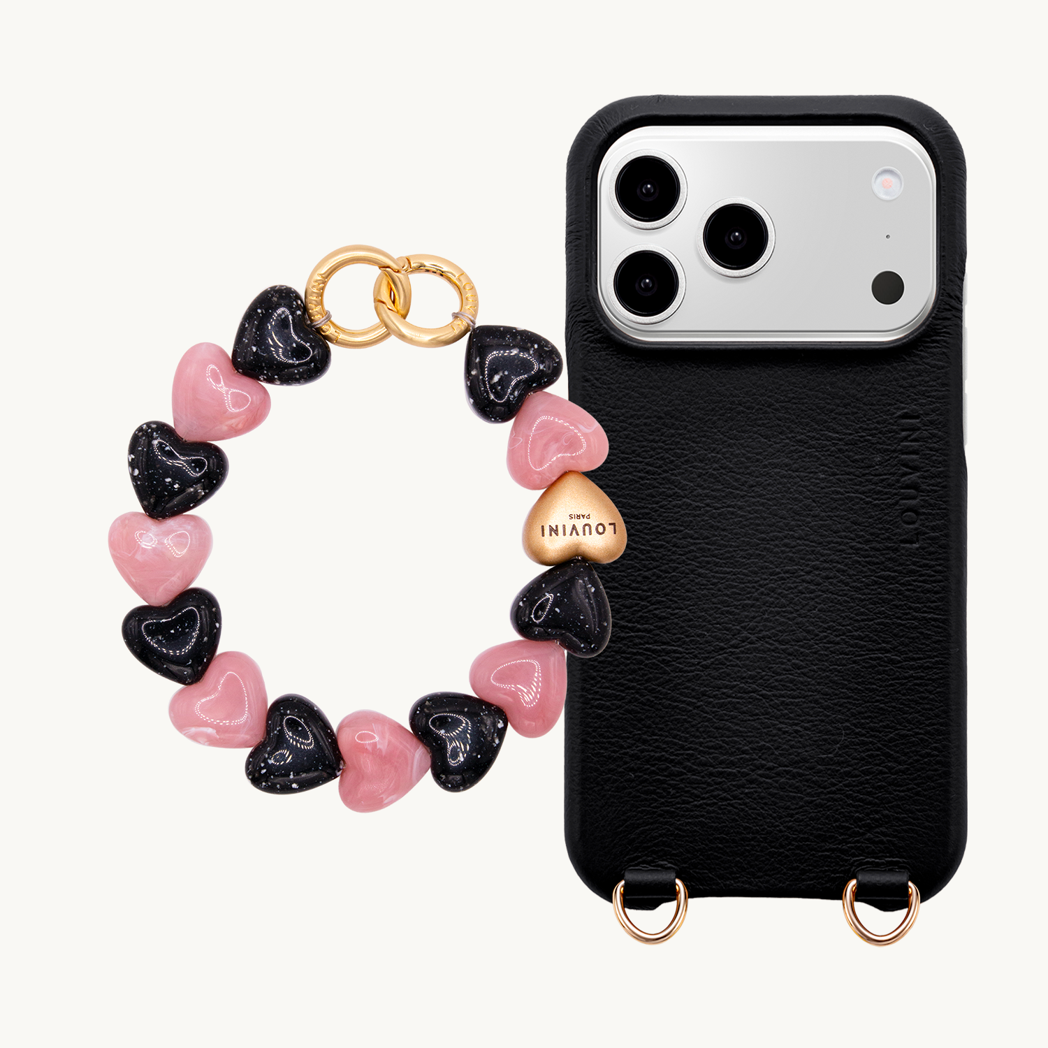 Coque iPhone MagSafe MAX Noir & Bracelet PETIT CUORE Noir-Rose