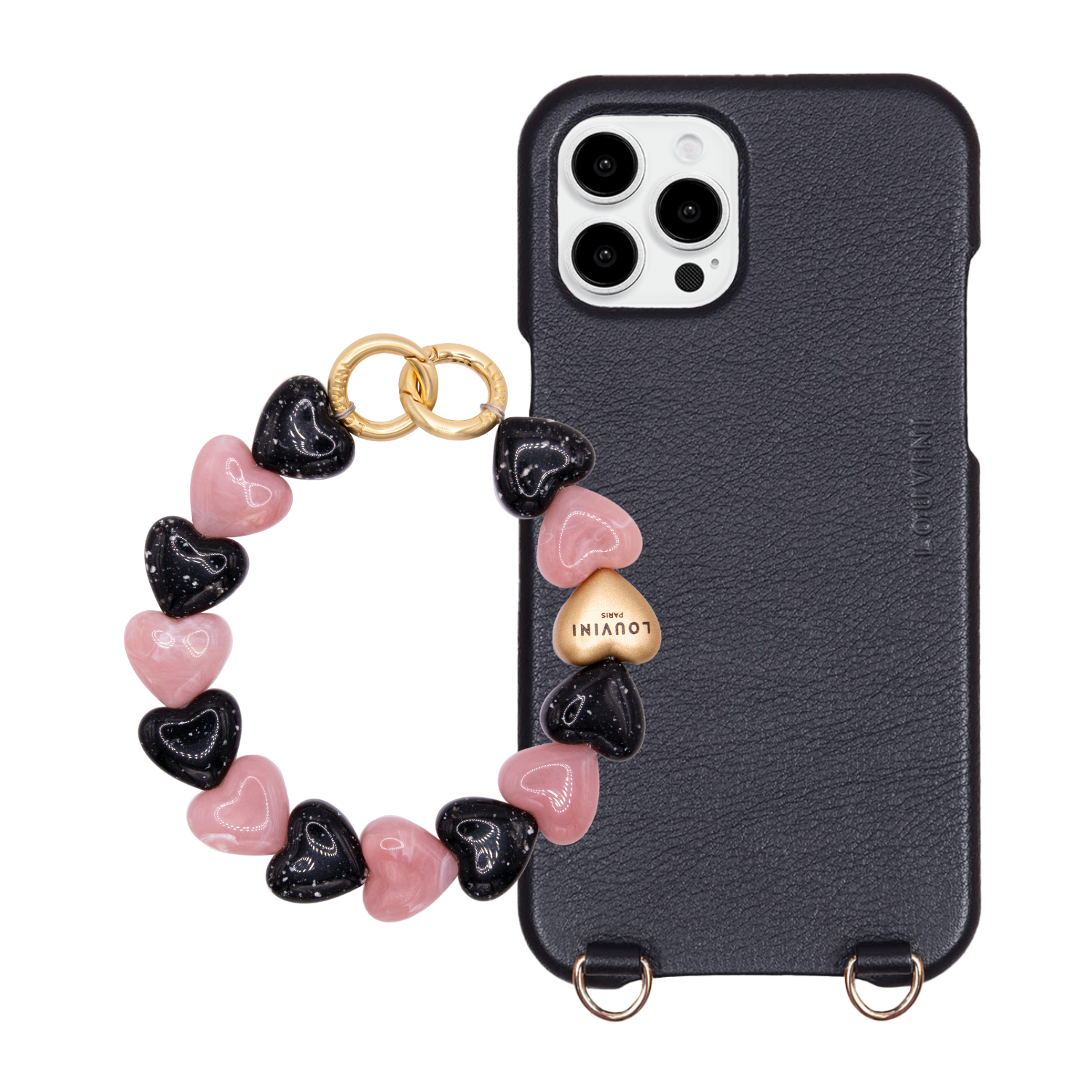 ensemble coque pour téléphone en cuir noir avec bracelet noir-rose
