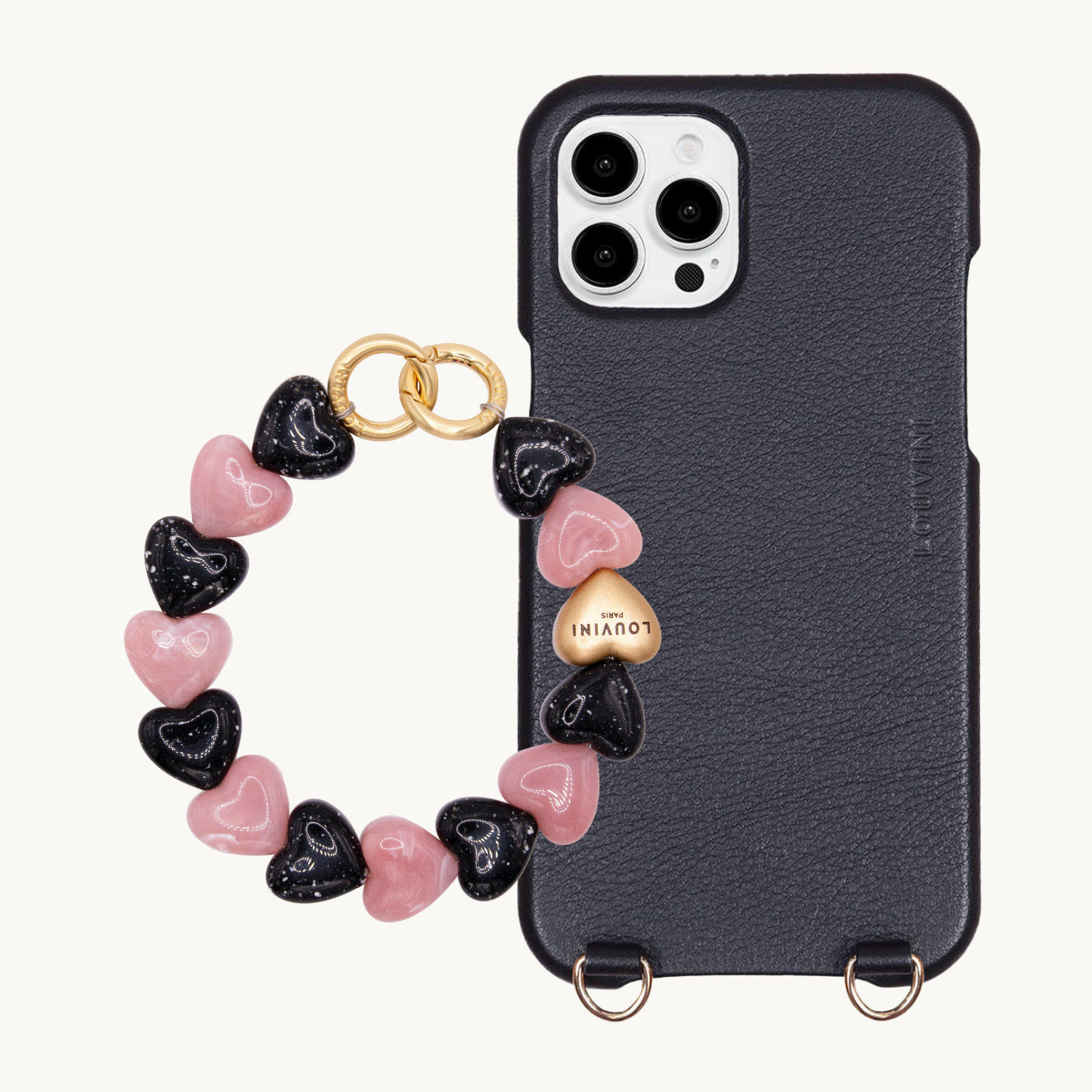 Ensemble coque pour téléphone en cuir noir avec bracelet noir-rose