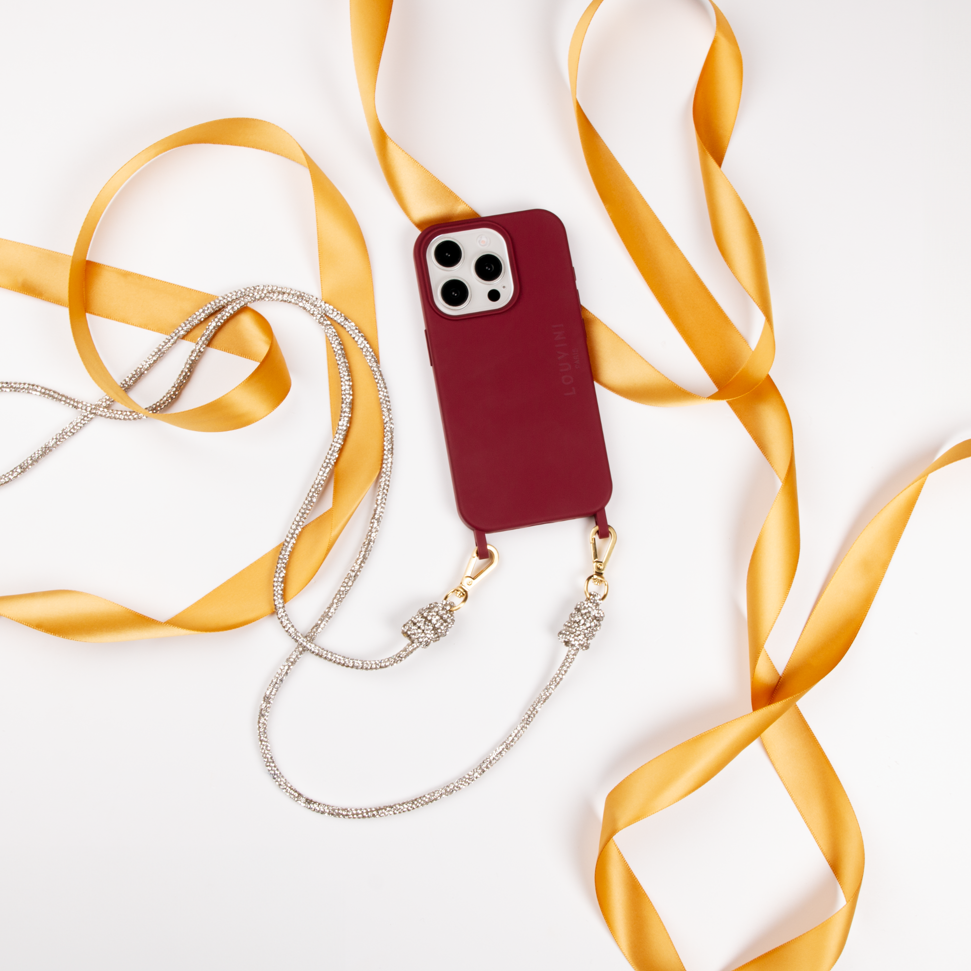 Ensemble coque pour téléphone bordeaux avec chaîne paillette argent