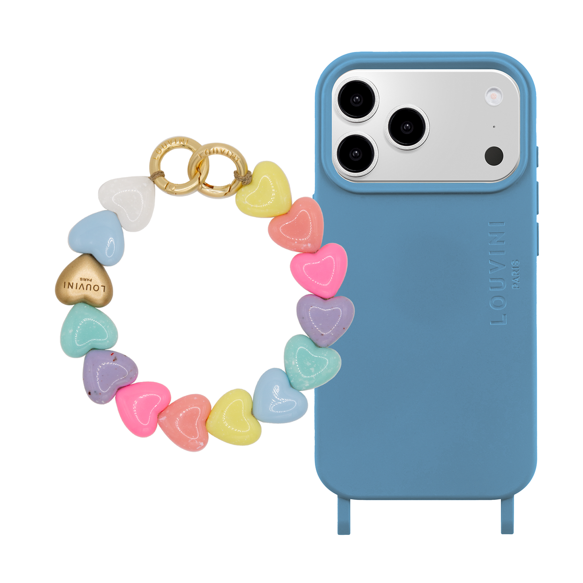Coque iPhone MagSafe MILO Bleu Azur & Bracelet PETIT CUORE Pastel