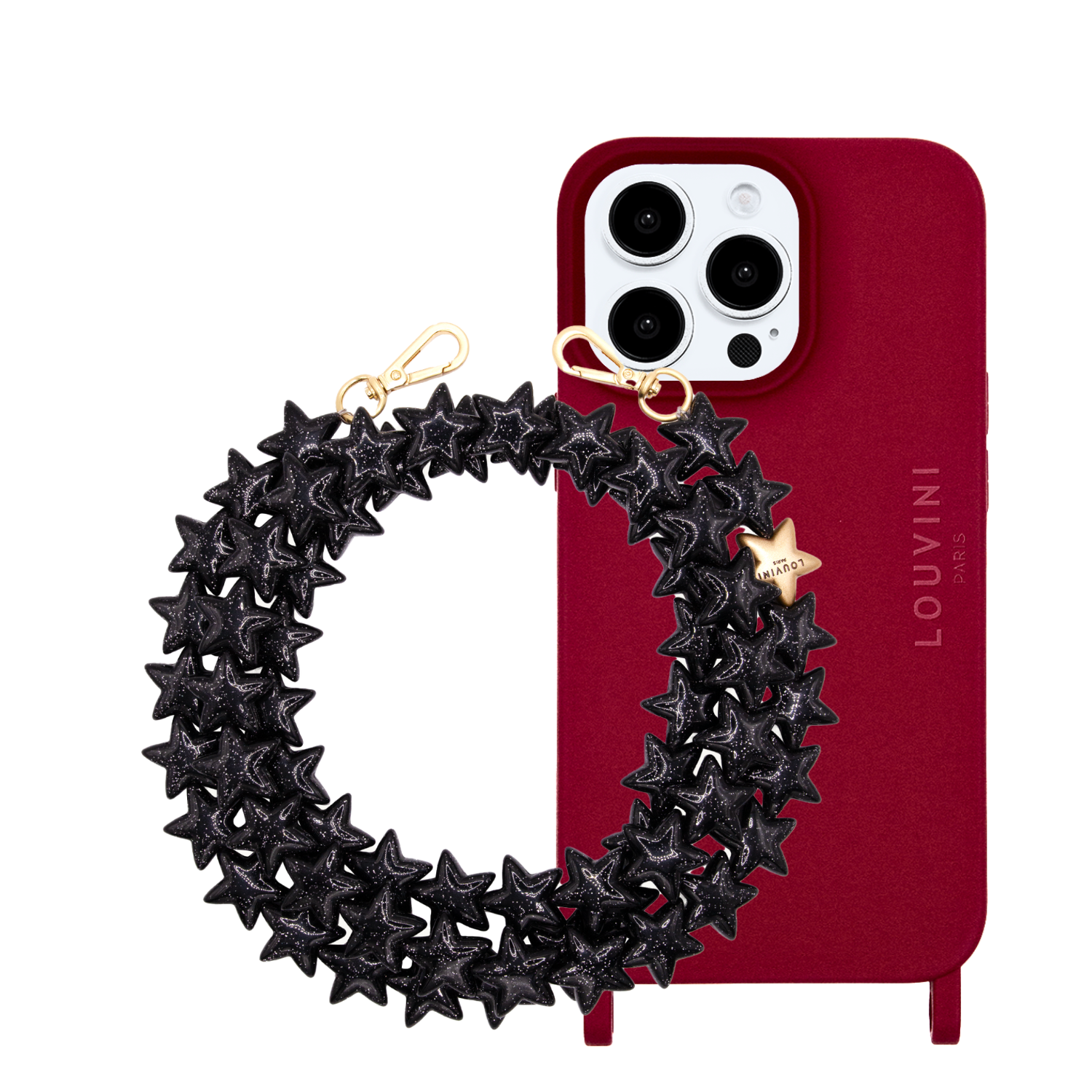 ensemble coque de téléphone bordeaux et cordon noir paillette