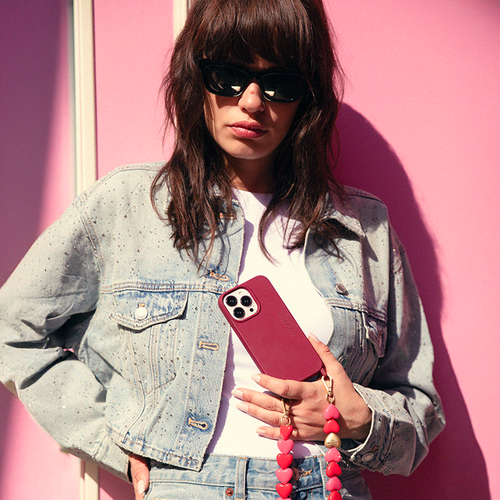 Ensemble coque pour téléphone bordeaux avec chaîne coeur rose rouge