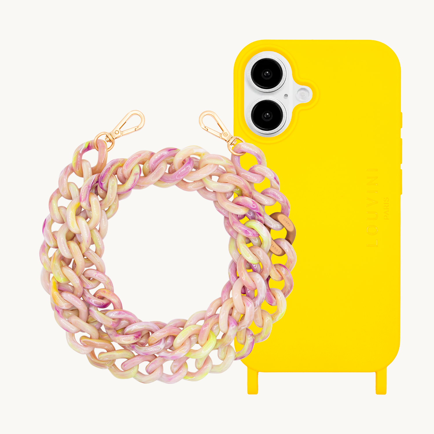 Coque iPhone MILO Jaune & Chaîne ZOE Jaune Violet