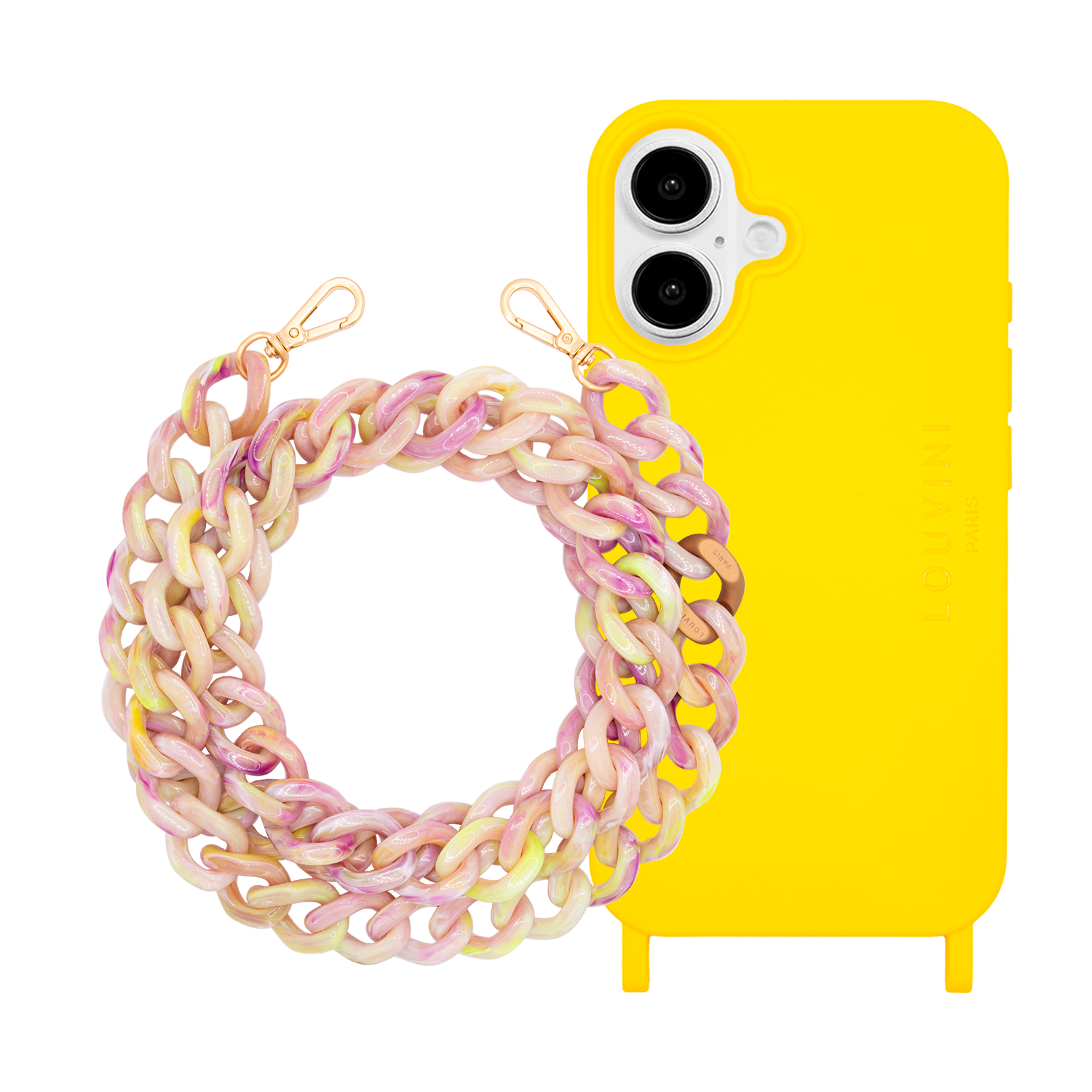 Coque iPhone MILO Jaune & Chaîne ZOE Jaune Violet