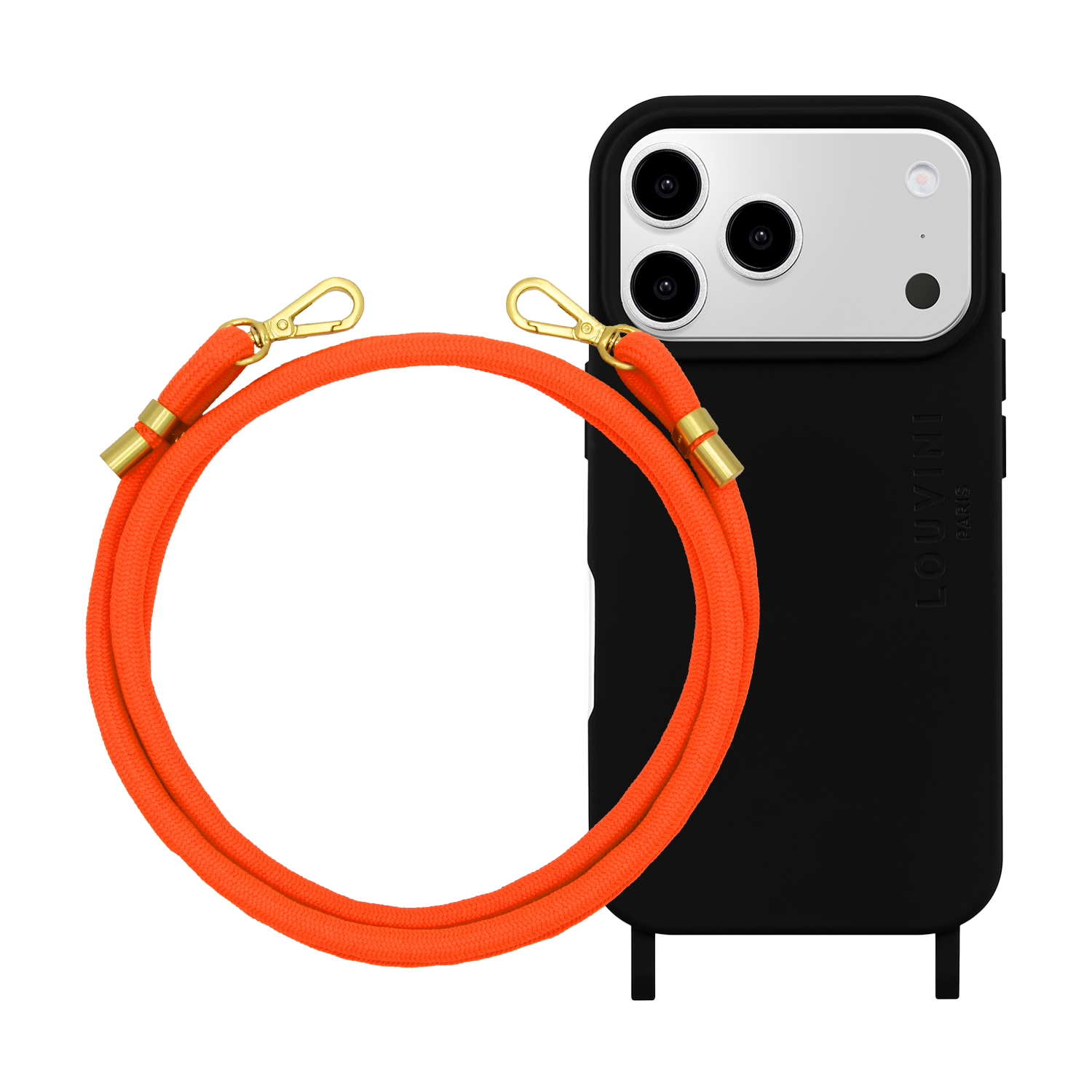 Coque iPhone MagSafe MILO Noir & cordon TESSA POP - Orange Fluo