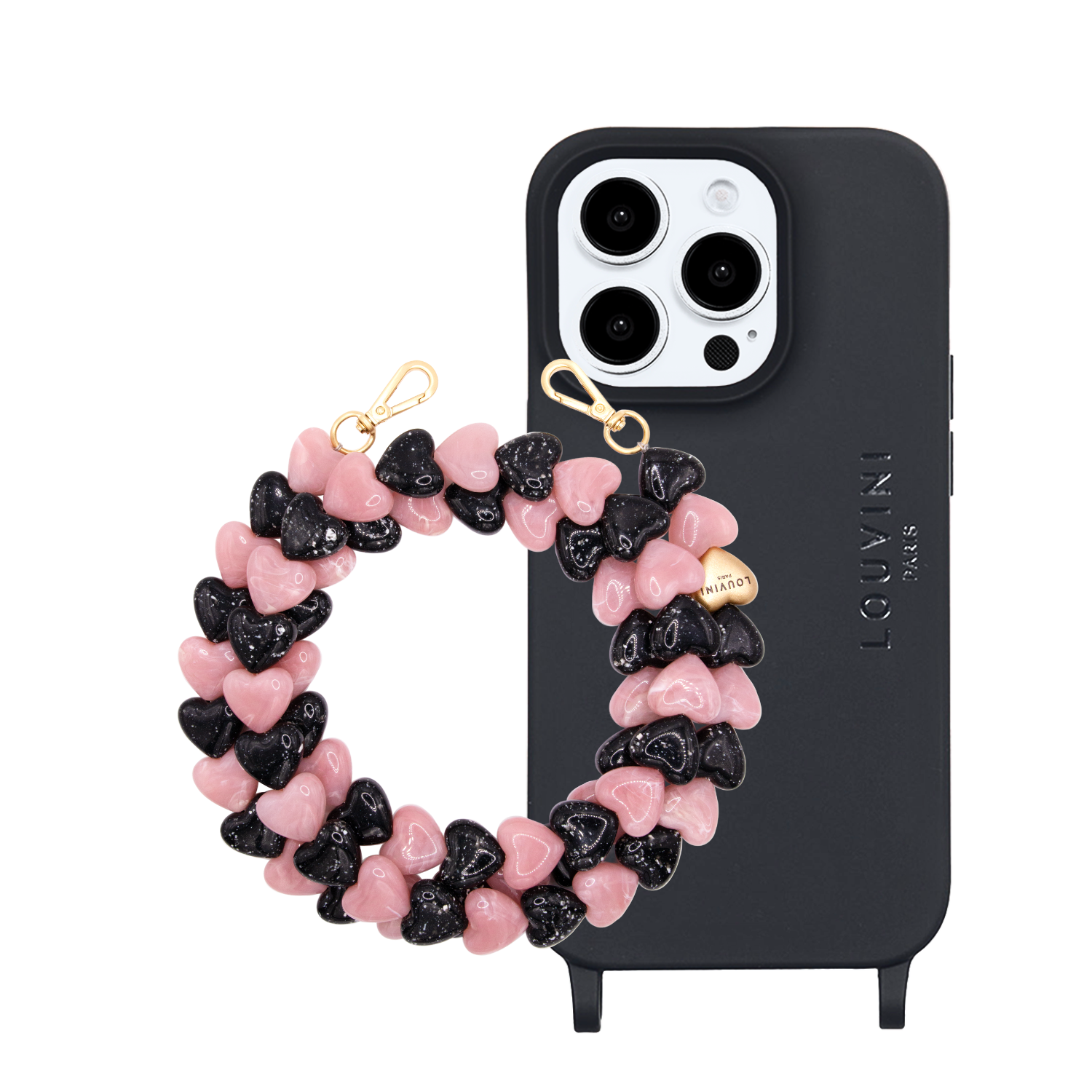 ensemble coque de téléphone noir et chaîne noire et rose