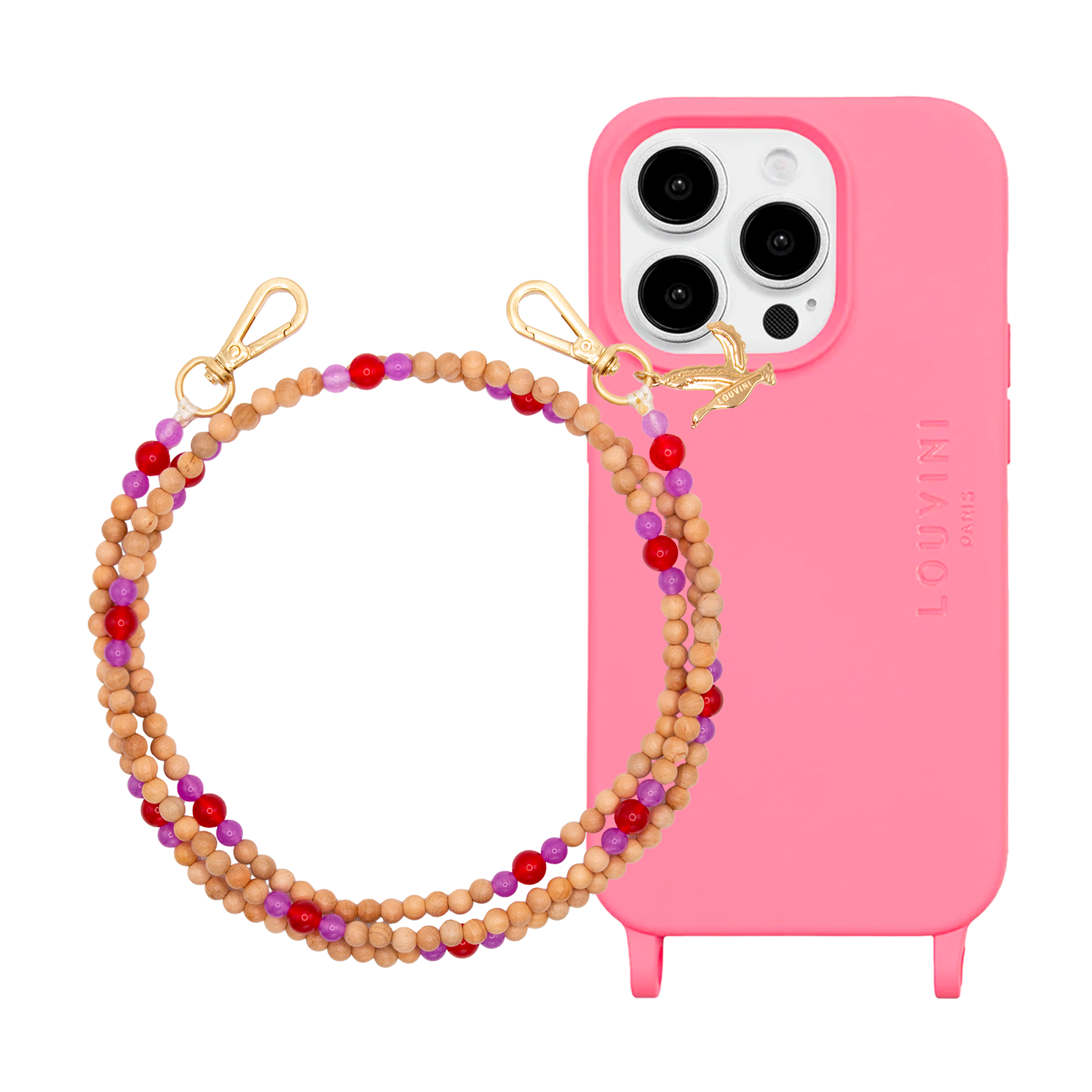 Coque iPhone MagSafe MILO Rose & Bandoulière ARIELLE Rose-Rouge