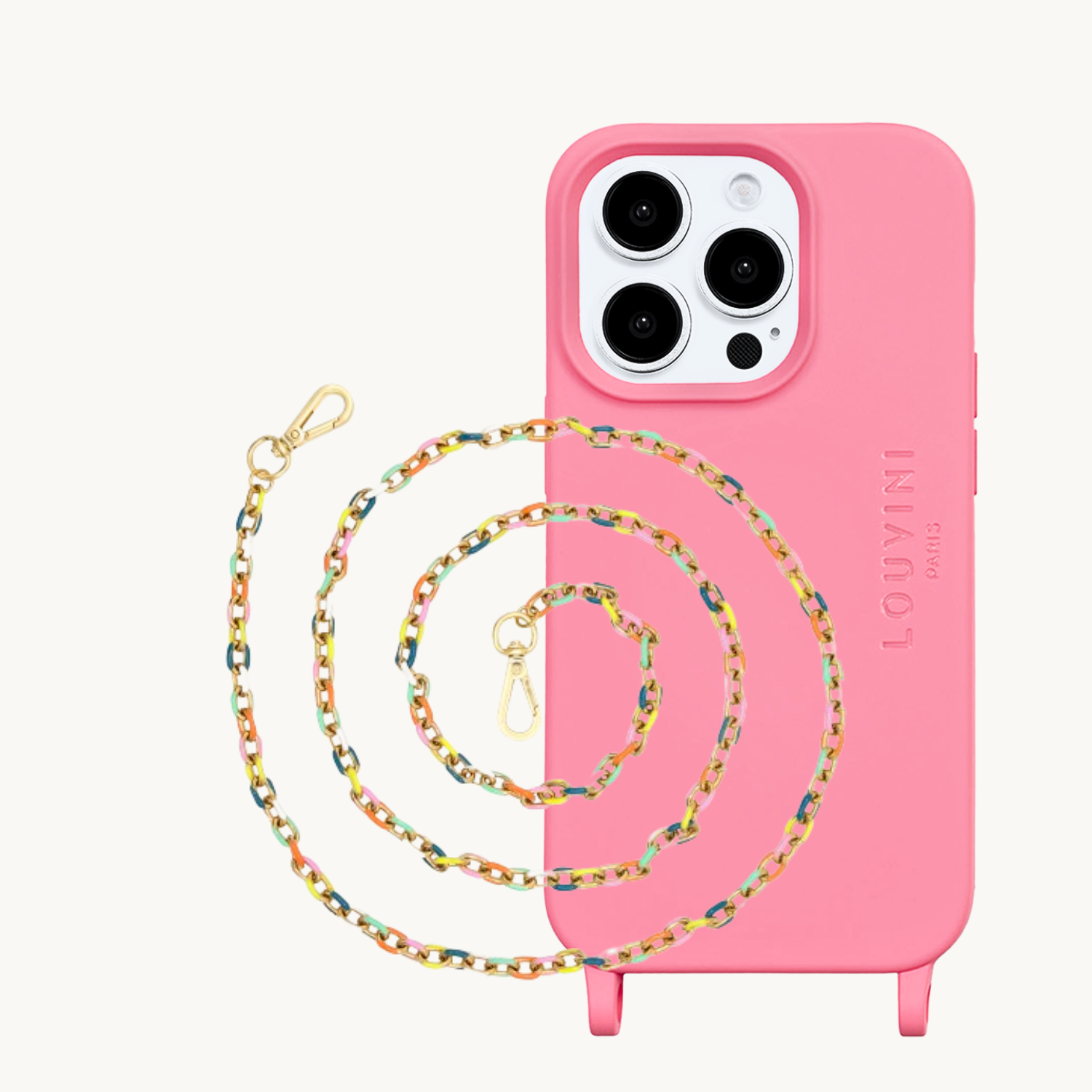 ensemble coque de téléphone rose et chaîne fluo
