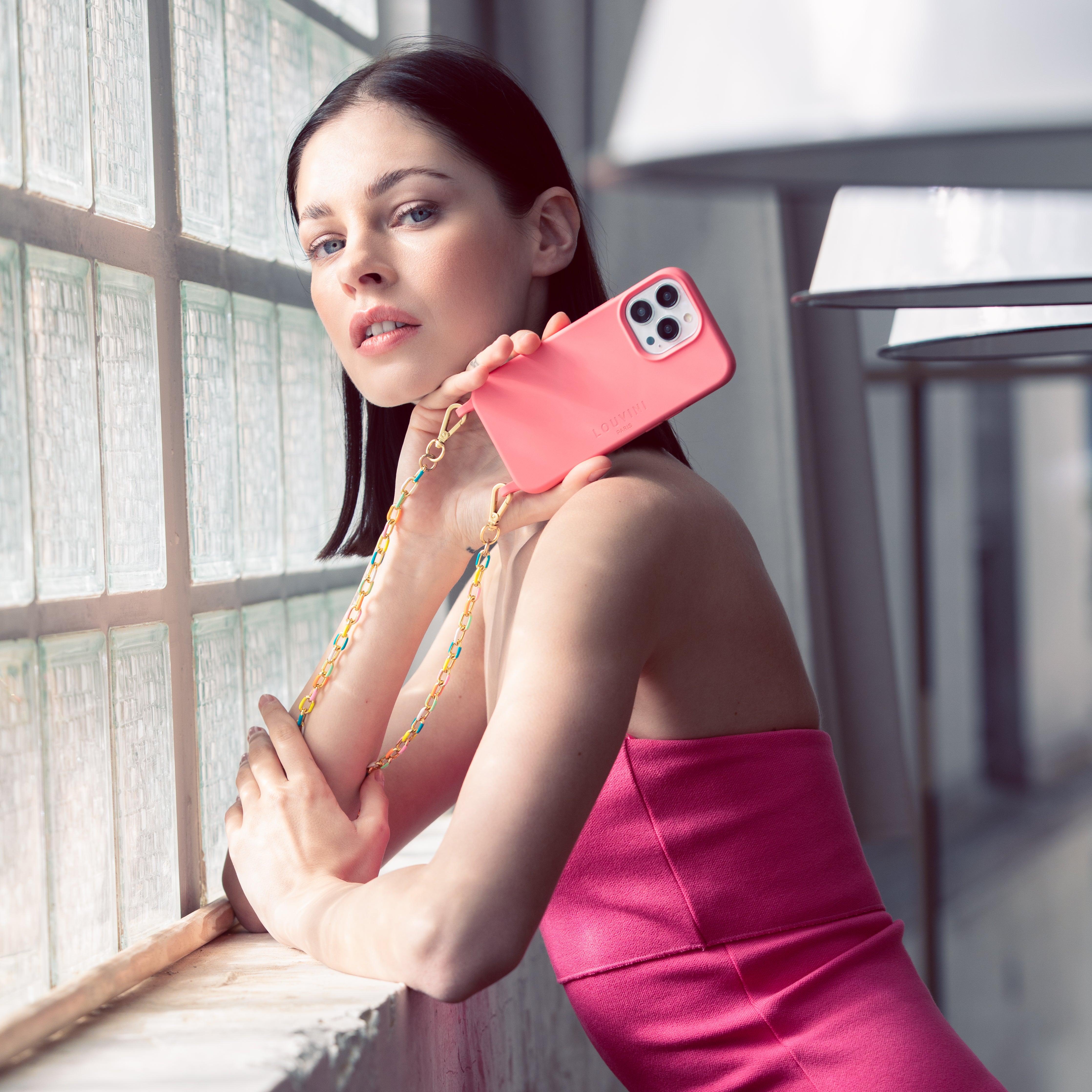 Ensemble coque pour iPhone MagSafe anneaux rose avec chaîne fluo
