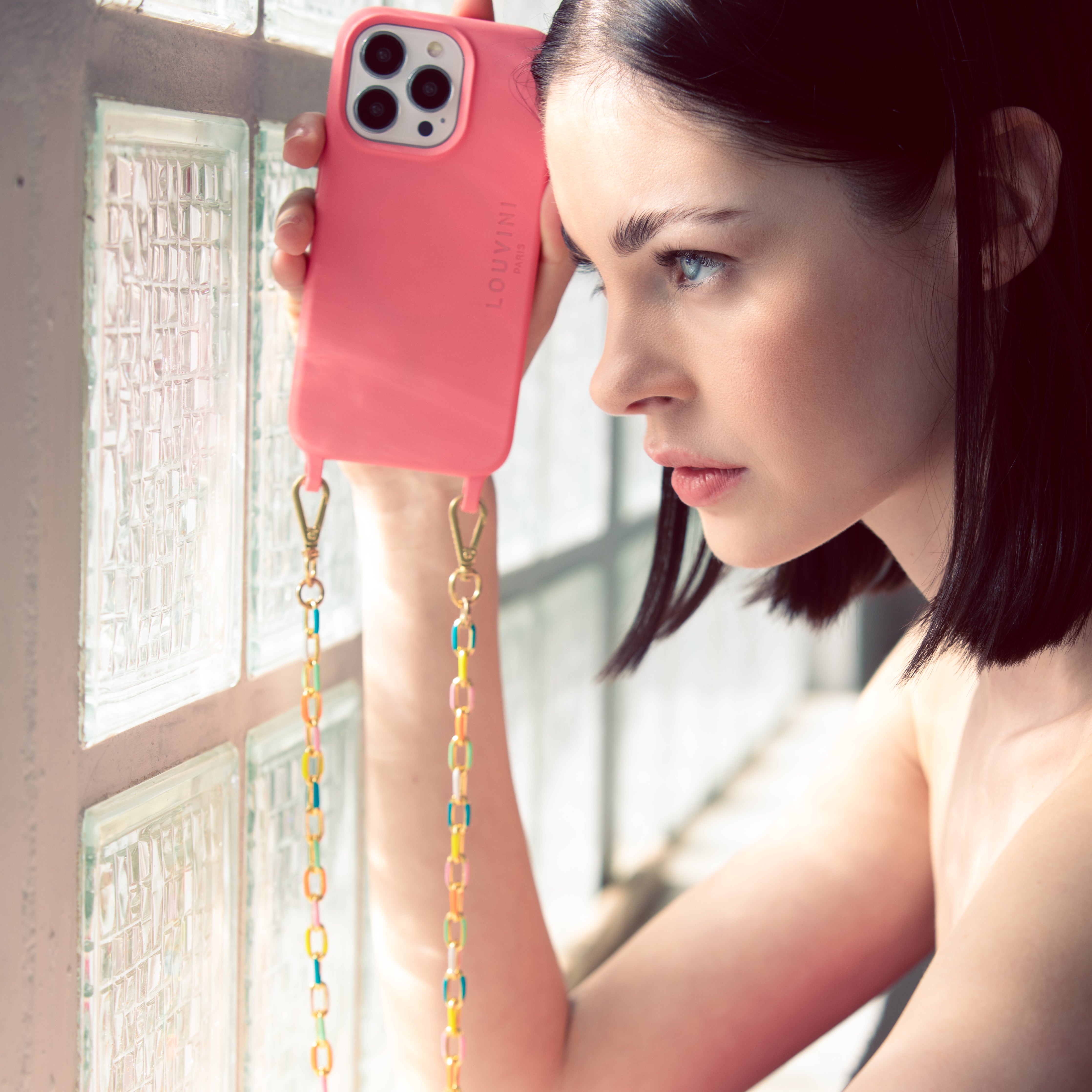 Ensemble coque pour iPhone MagSafe anneaux rose avec chaîne fluo