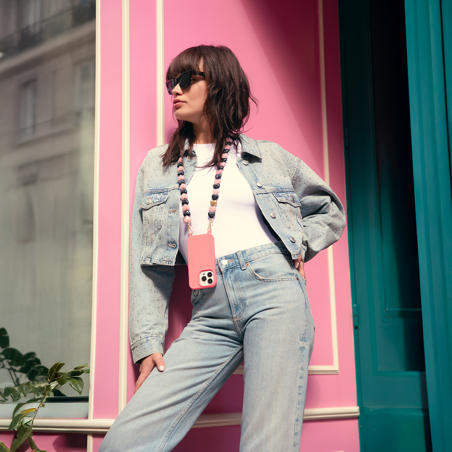 Ensemble coque pour iPhone MagSafe anneaux Rose avec chaîne coeur rose noir