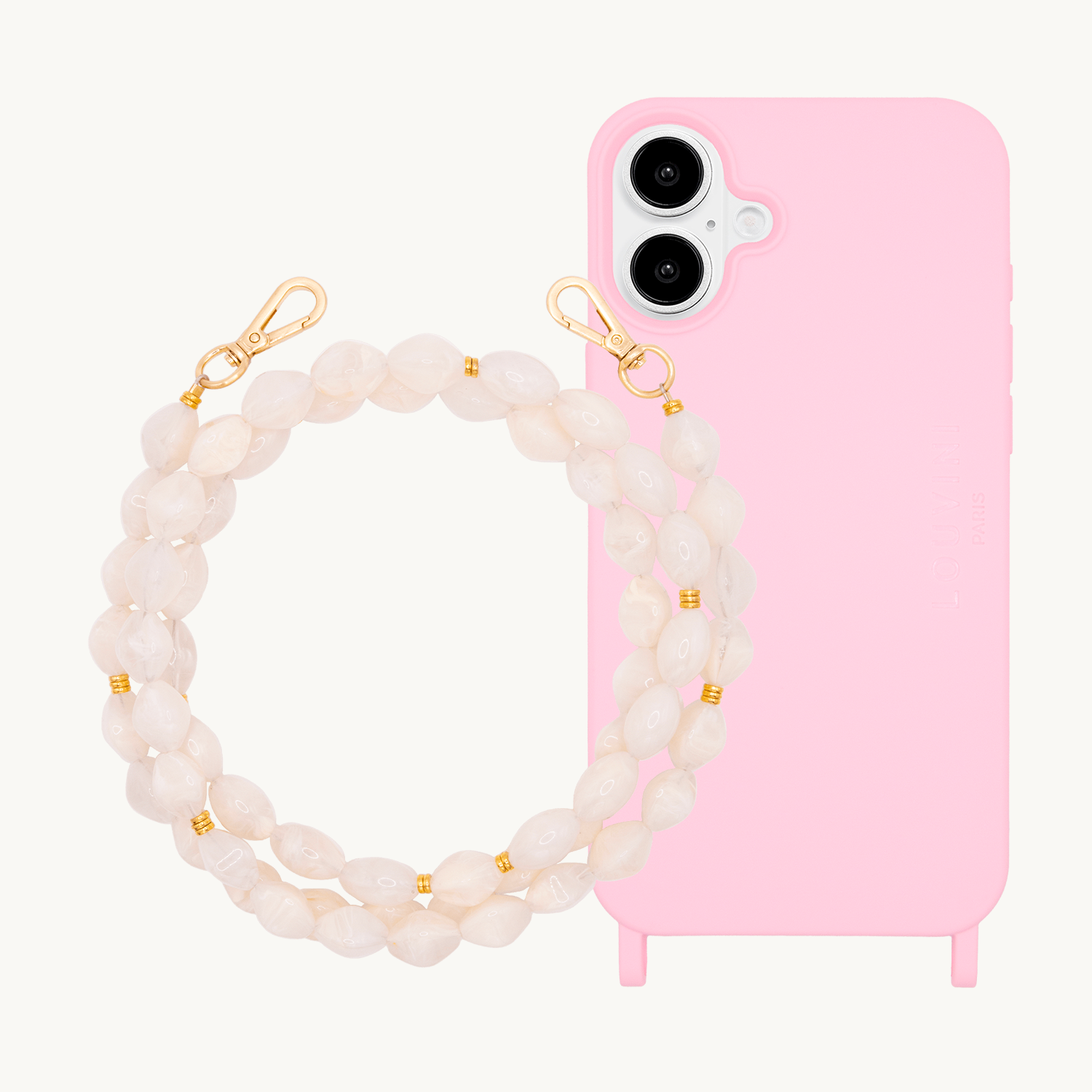 Coque iPhone MagSafe MILO Soft Pink & chaîne RITA Beige