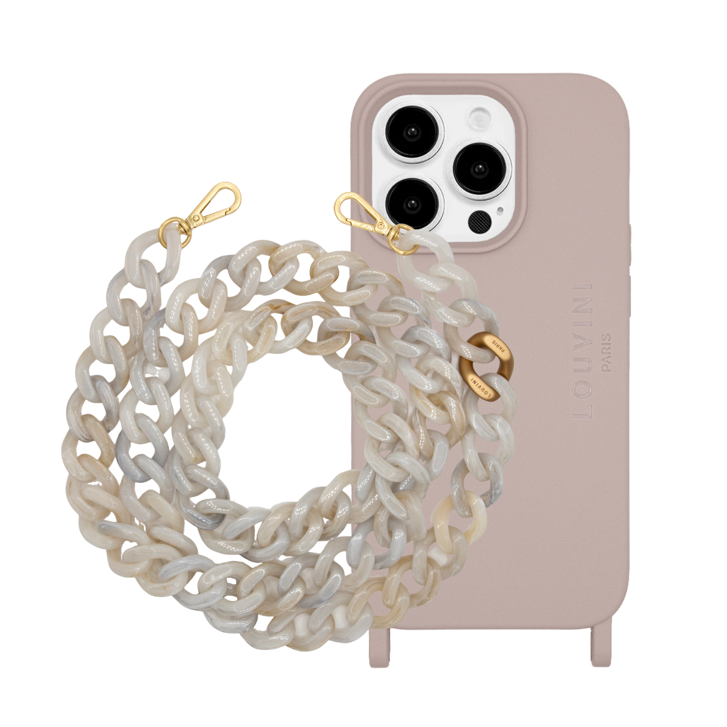 Coque iPhone MILO MagSafe Taupe & chaîne ZOE Blanc Marbre