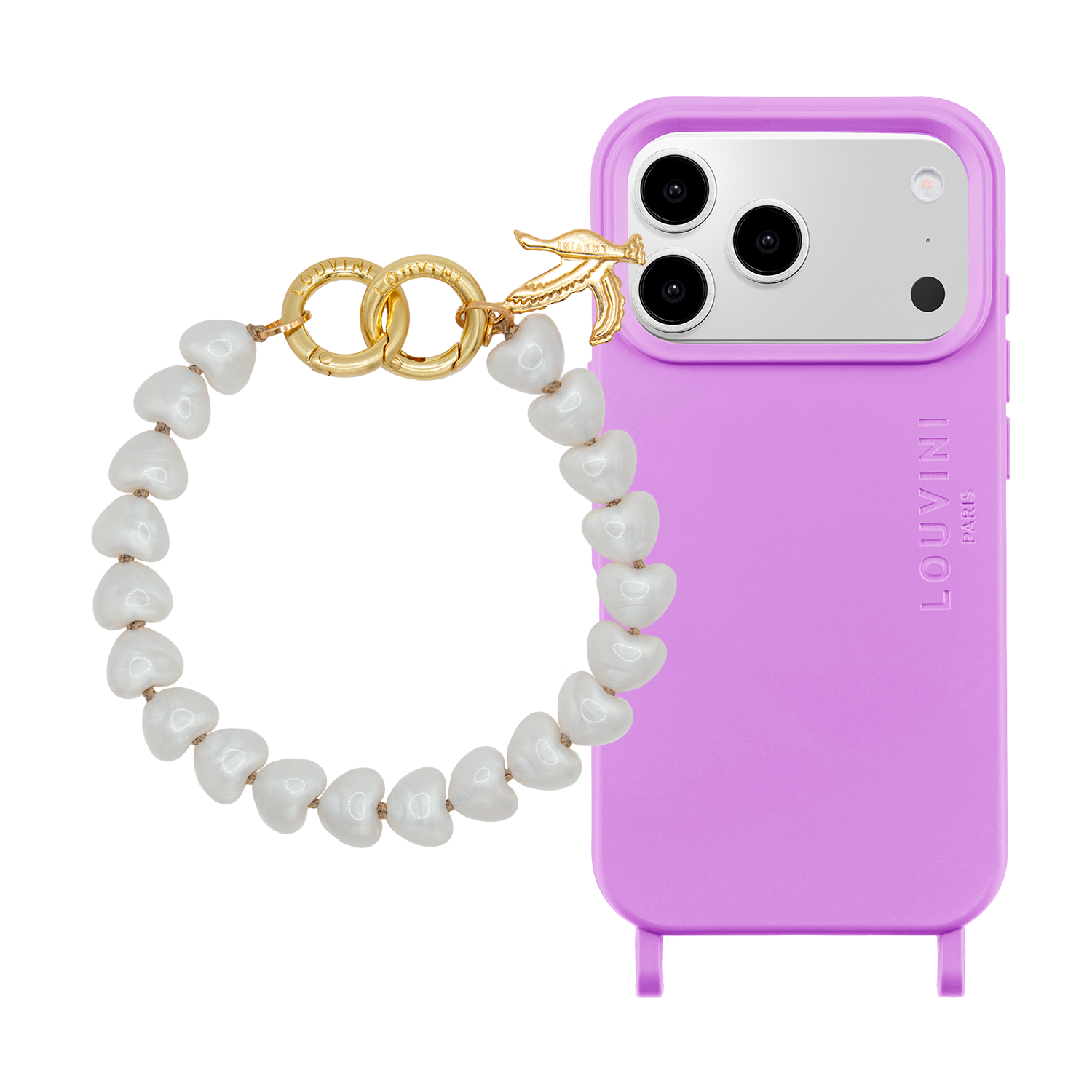 Coque iPhone MagSafe MILO Violet & Bracelet TINY CUORE Perle Blanche