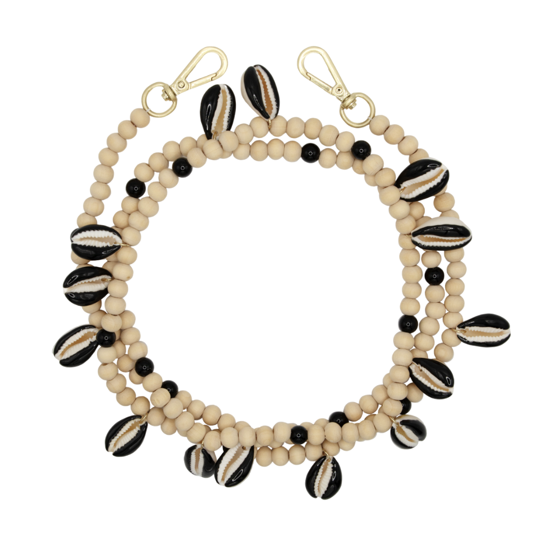 Chaîne de telephone bandouliere en coquillage noir et perles en bois