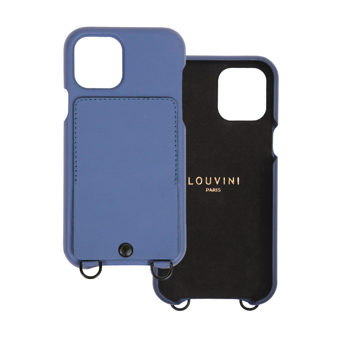 Coque iPhone Cuir bleu avec anneaux et pochette double fond blanc